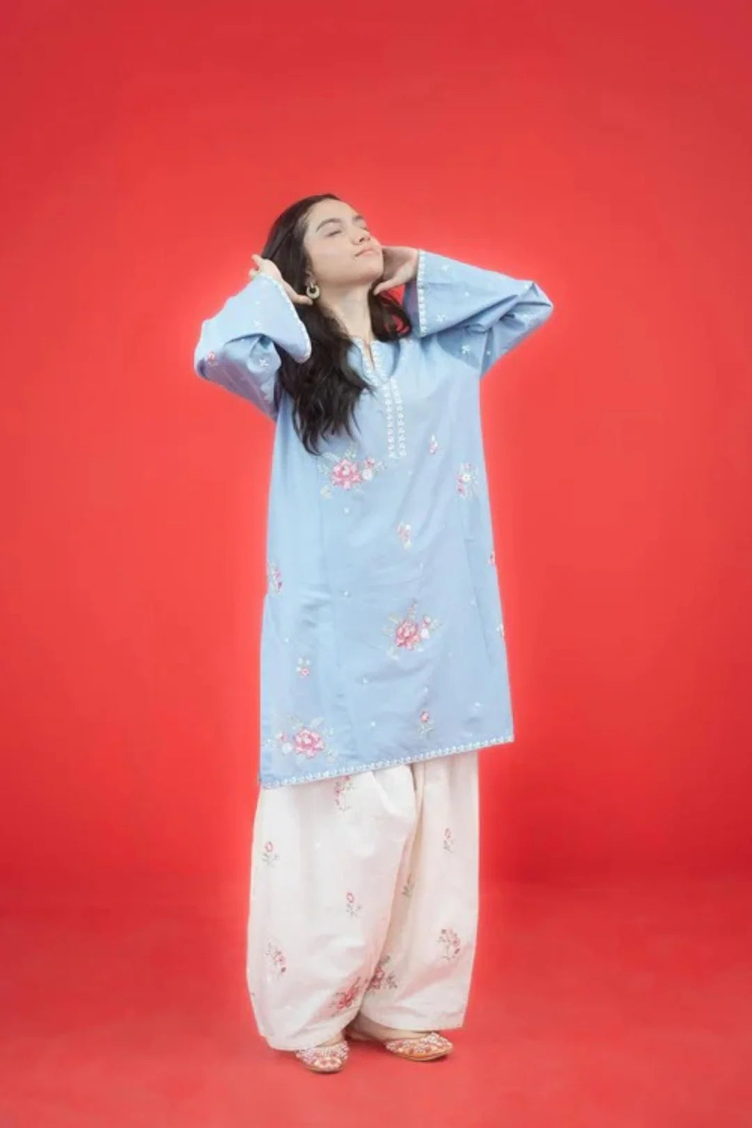 2 Piece - Dhanak Embroidered Suit with Plain Dyed Dhanak Trouser (Unstitched)