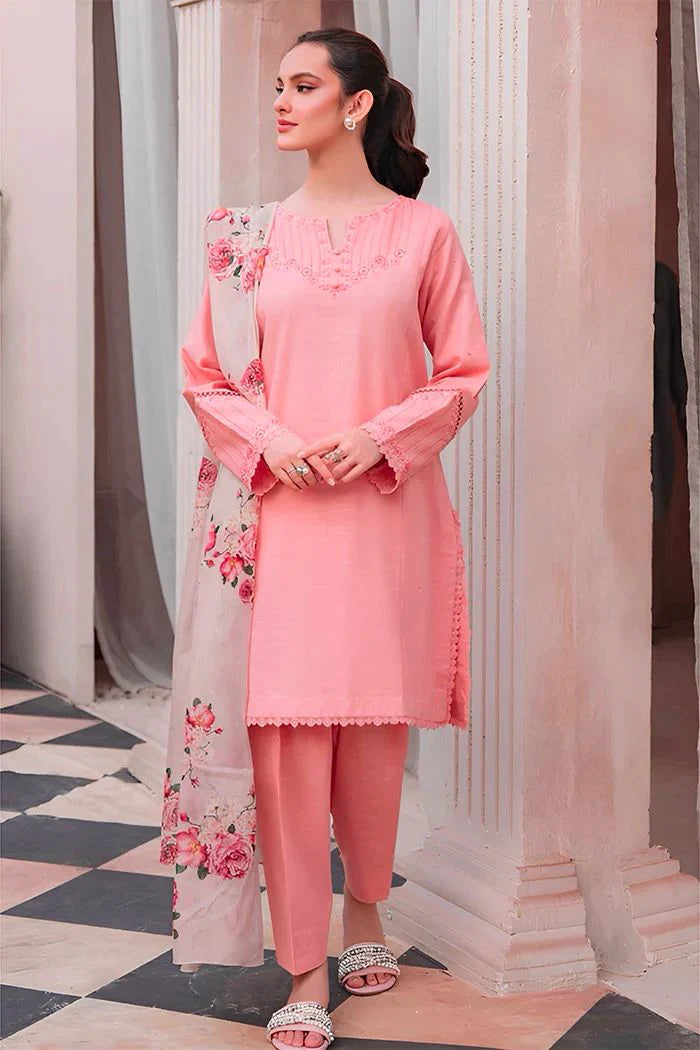 3 Piece - Dhanak Embroidered Suit with Digital Printed Pashmina Shawl (Unstitched)