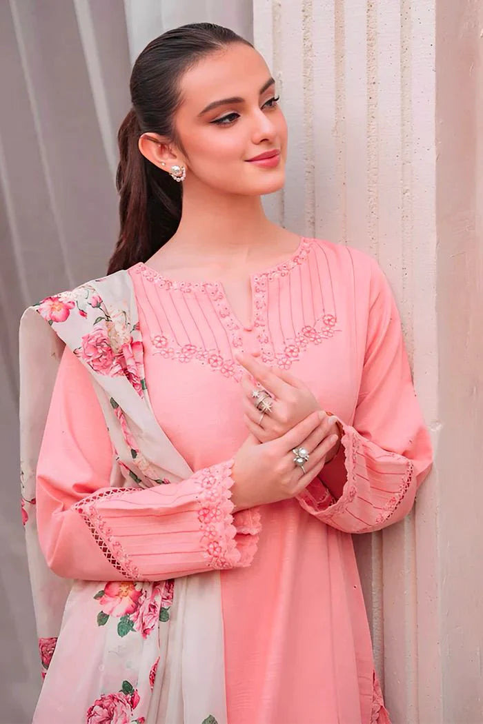 3 Piece - Dhanak Embroidered Suit with Digital Printed Pashmina Shawl (Unstitched)