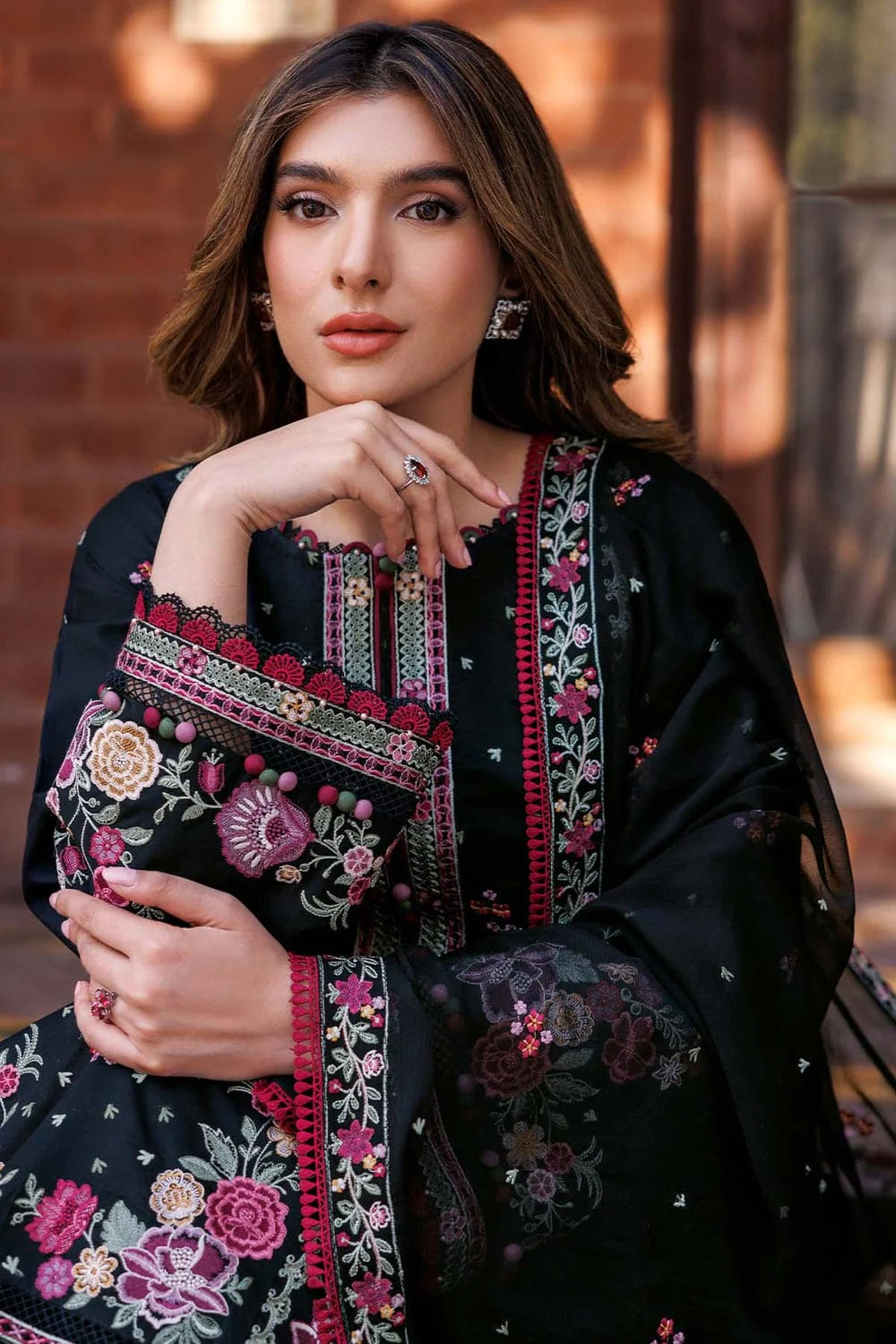 3 Piece - Dhanak Embroidered Suit with Dhanak Embroidered Shawl (Unstitched)