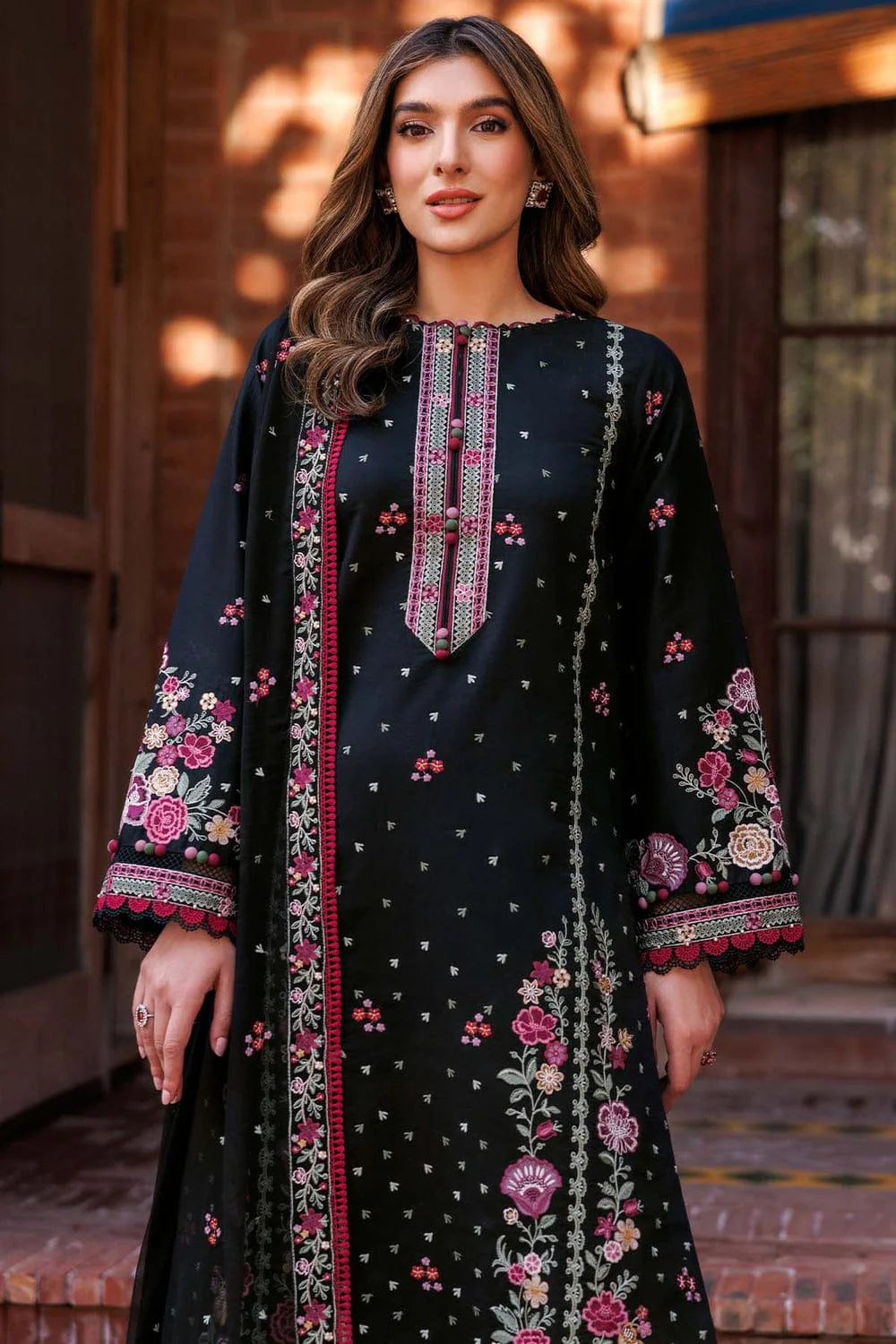 3 Piece - Dhanak Embroidered Suit with Dhanak Embroidered Shawl (Unstitched)