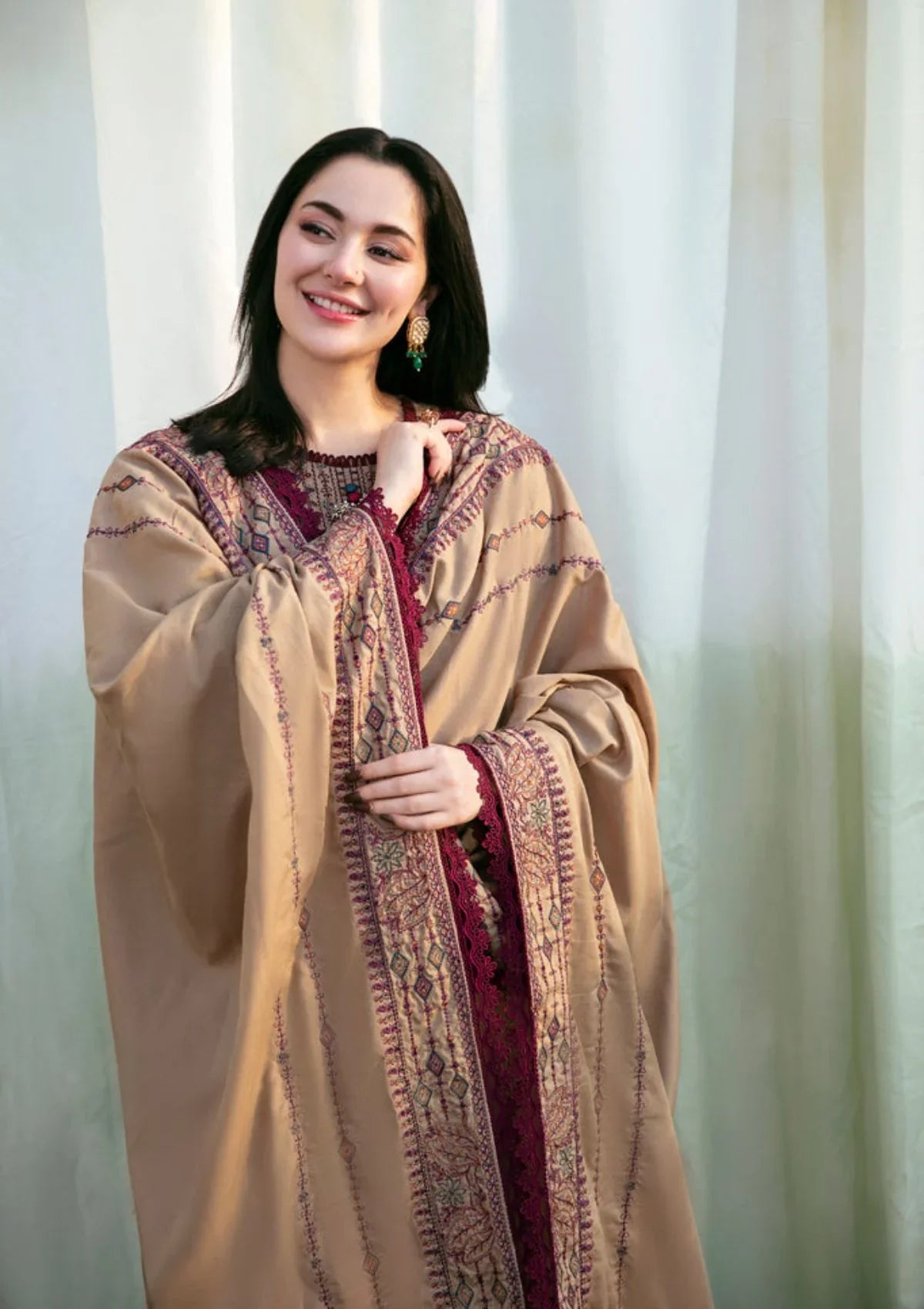 3 Piece - Dhanak Embroidered Suit with Digital Wool Shawl (Unstitched)