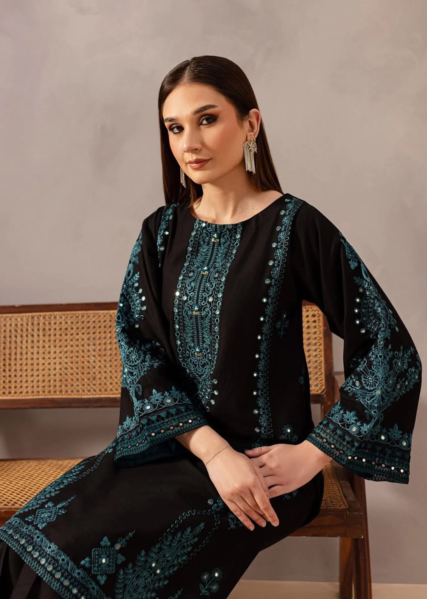 2 Piece - Dhanak Full Heavy Embroidered Suit with Plain Dyed Trouser (Unstitched)