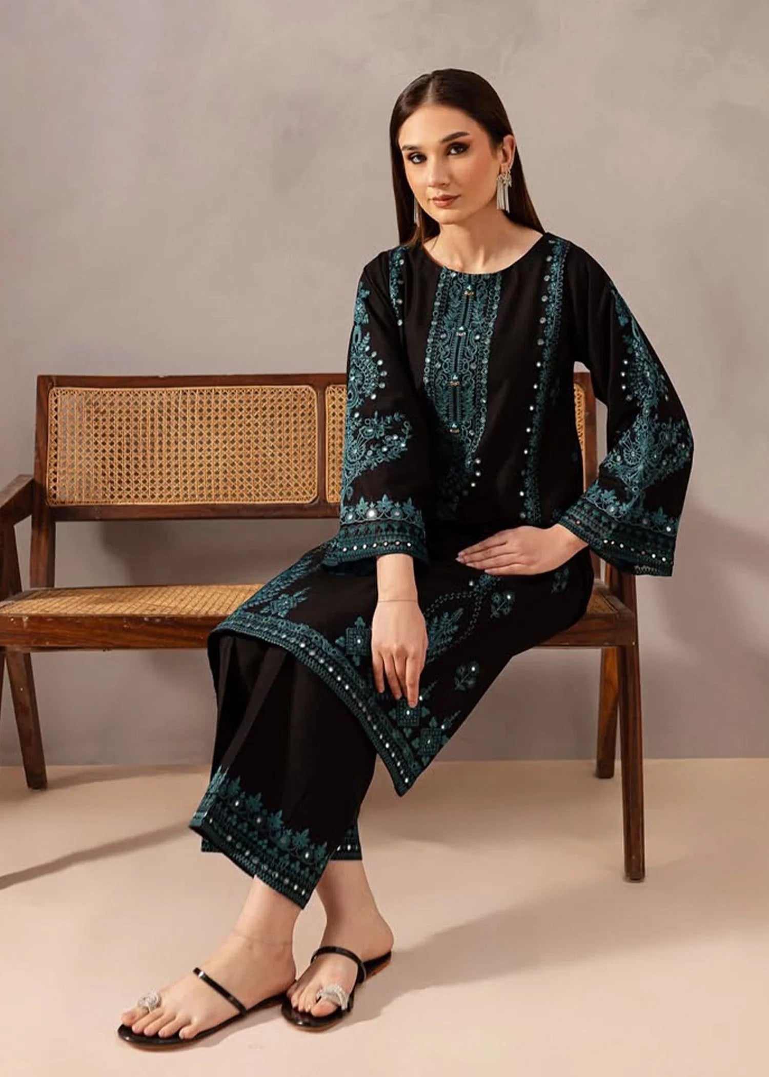 2 Piece - Dhanak Full Heavy Embroidered Suit with Plain Dyed Trouser (Unstitched)