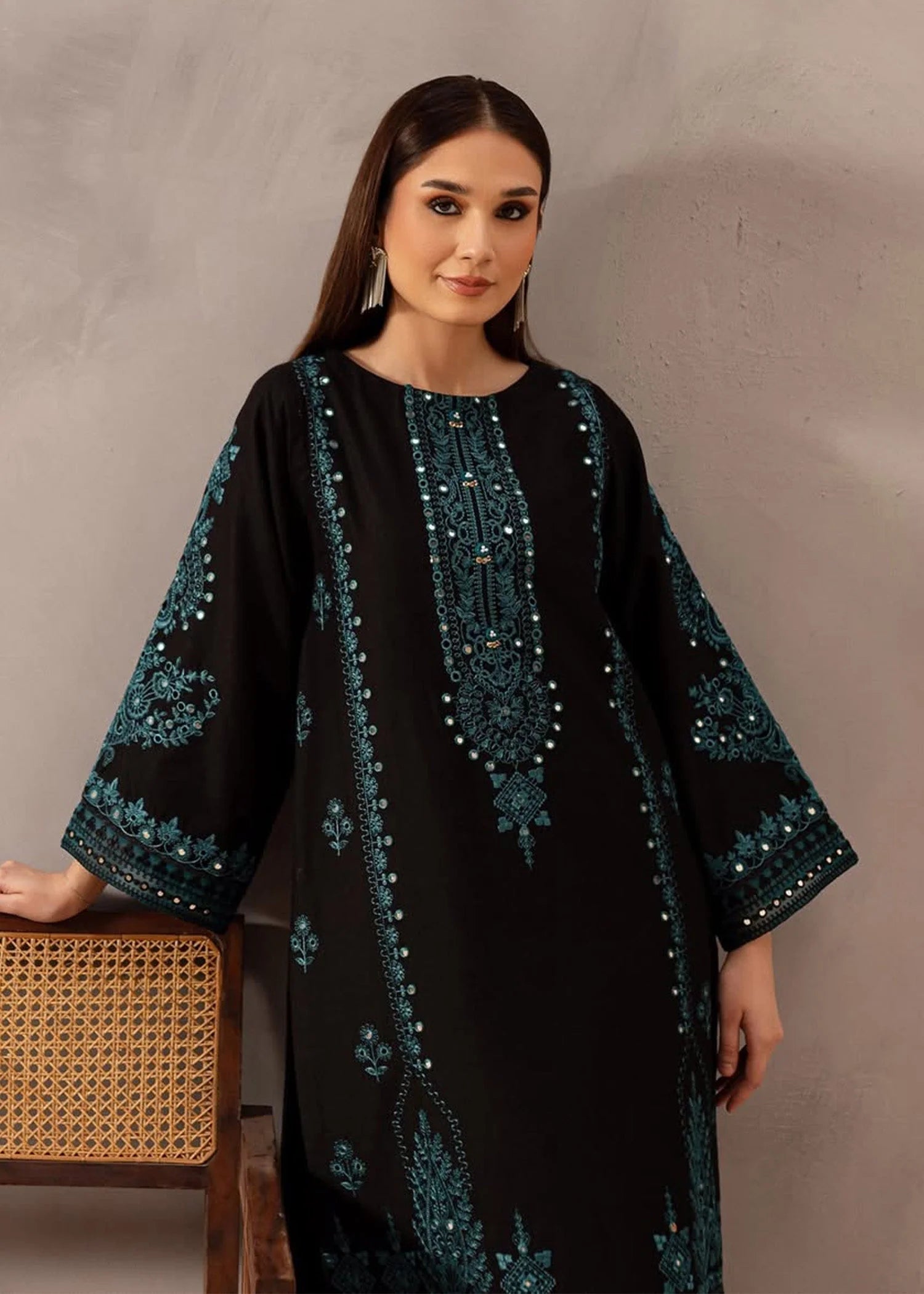 2 Piece - Dhanak Full Heavy Embroidered Suit with Plain Dyed Trouser (Unstitched)