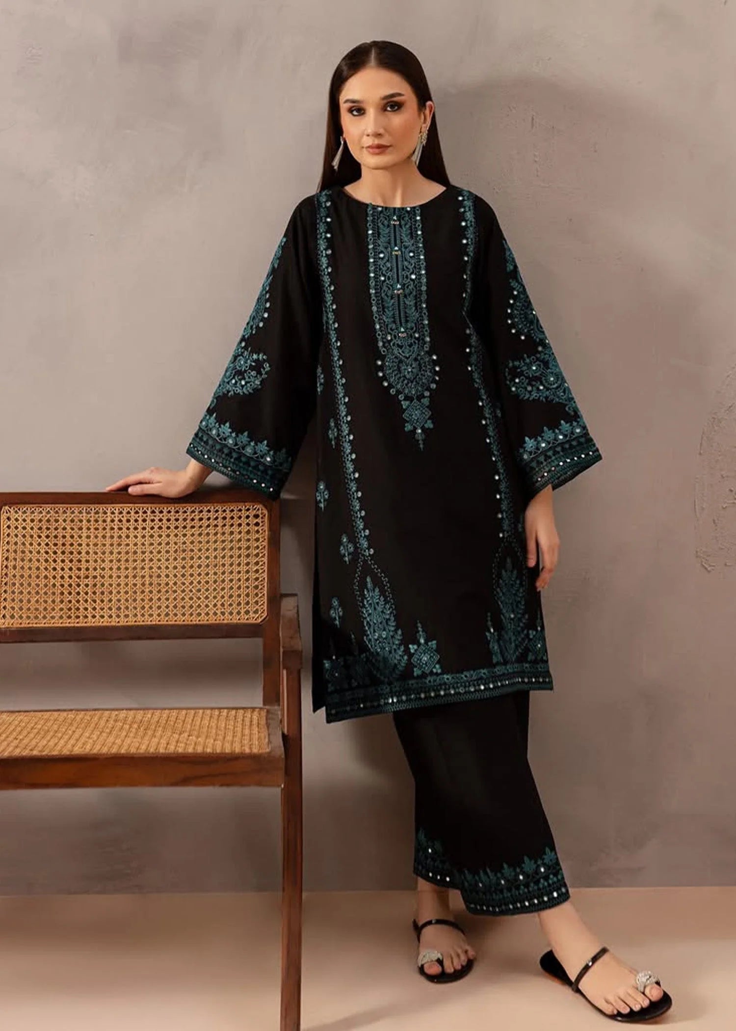 2 Piece - Dhanak Full Heavy Embroidered Suit with Plain Dyed Trouser (Unstitched)