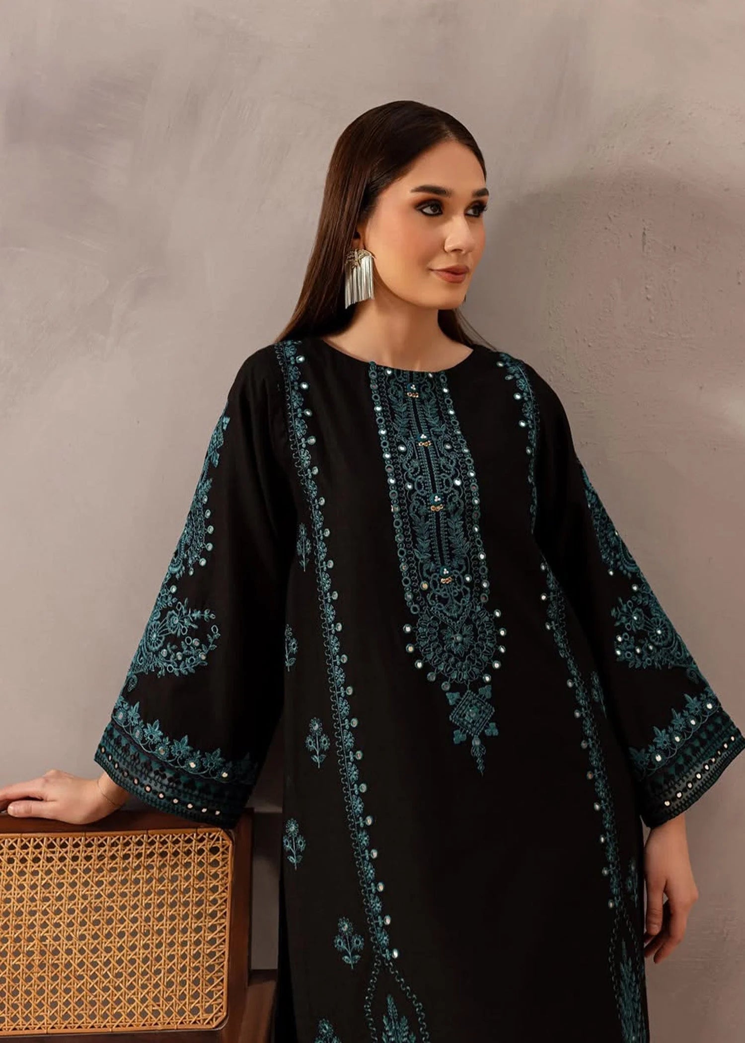 2 Piece - Dhanak Full Heavy Embroidered Suit with Plain Dyed Trouser (Unstitched)