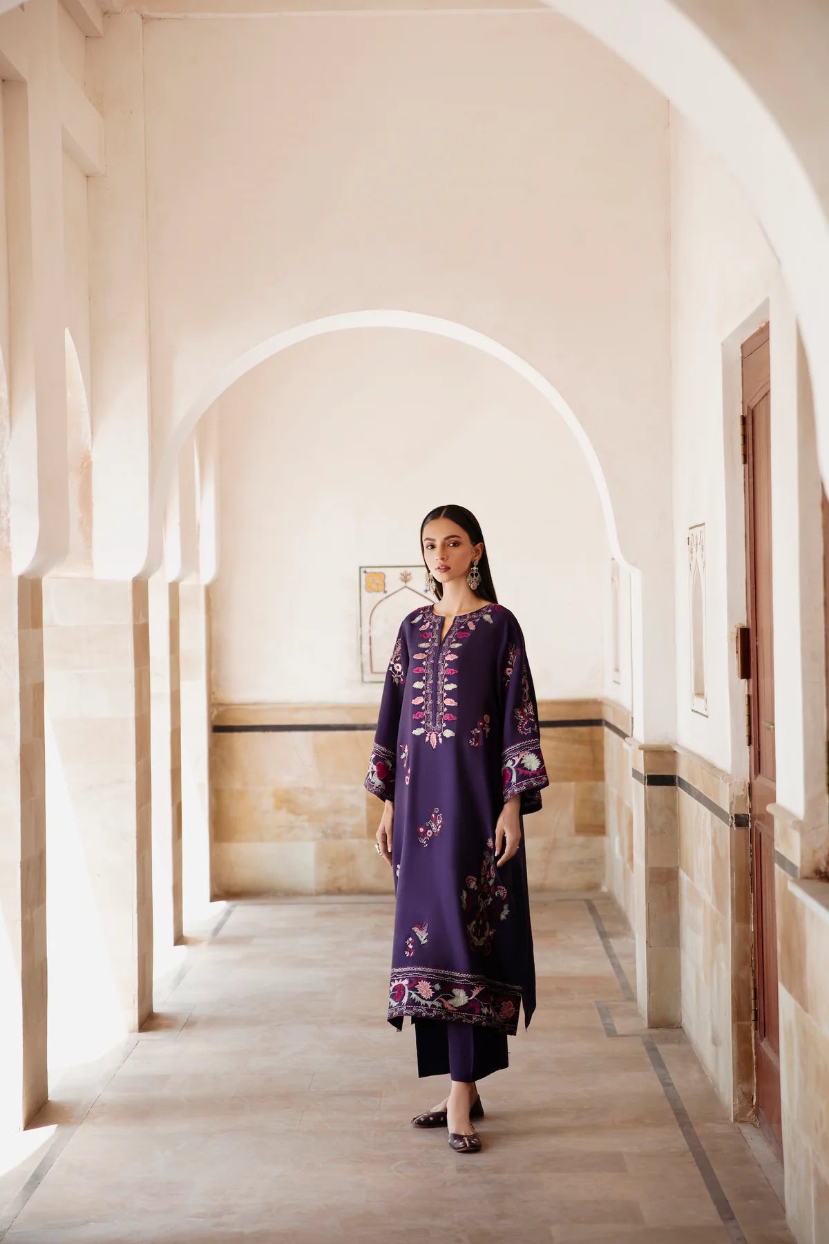 3 Piece - Dhanak Full Heavy Embroidered Suit with Dhanak Embroidered Shawl (Unstitched)