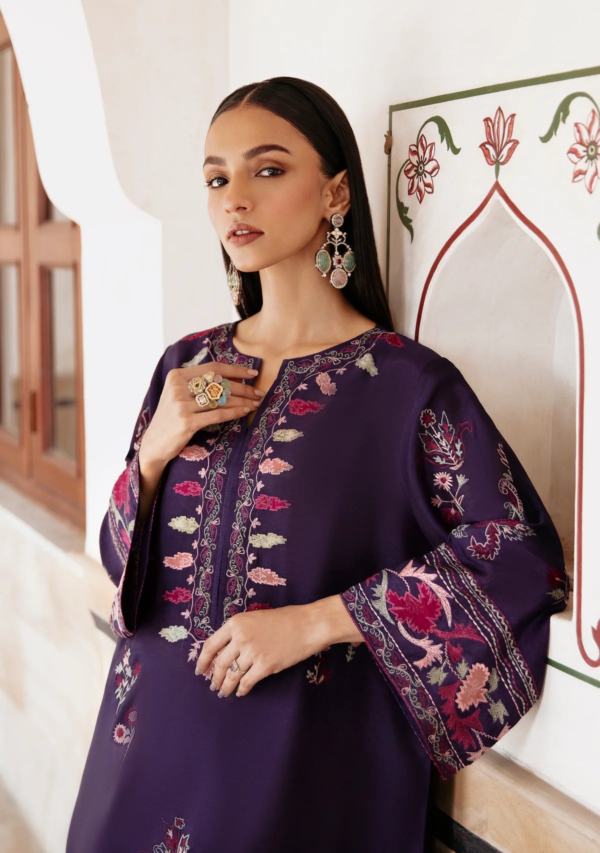 3 Piece - Dhanak Full Heavy Embroidered Suit with Dhanak Embroidered Shawl (Unstitched)