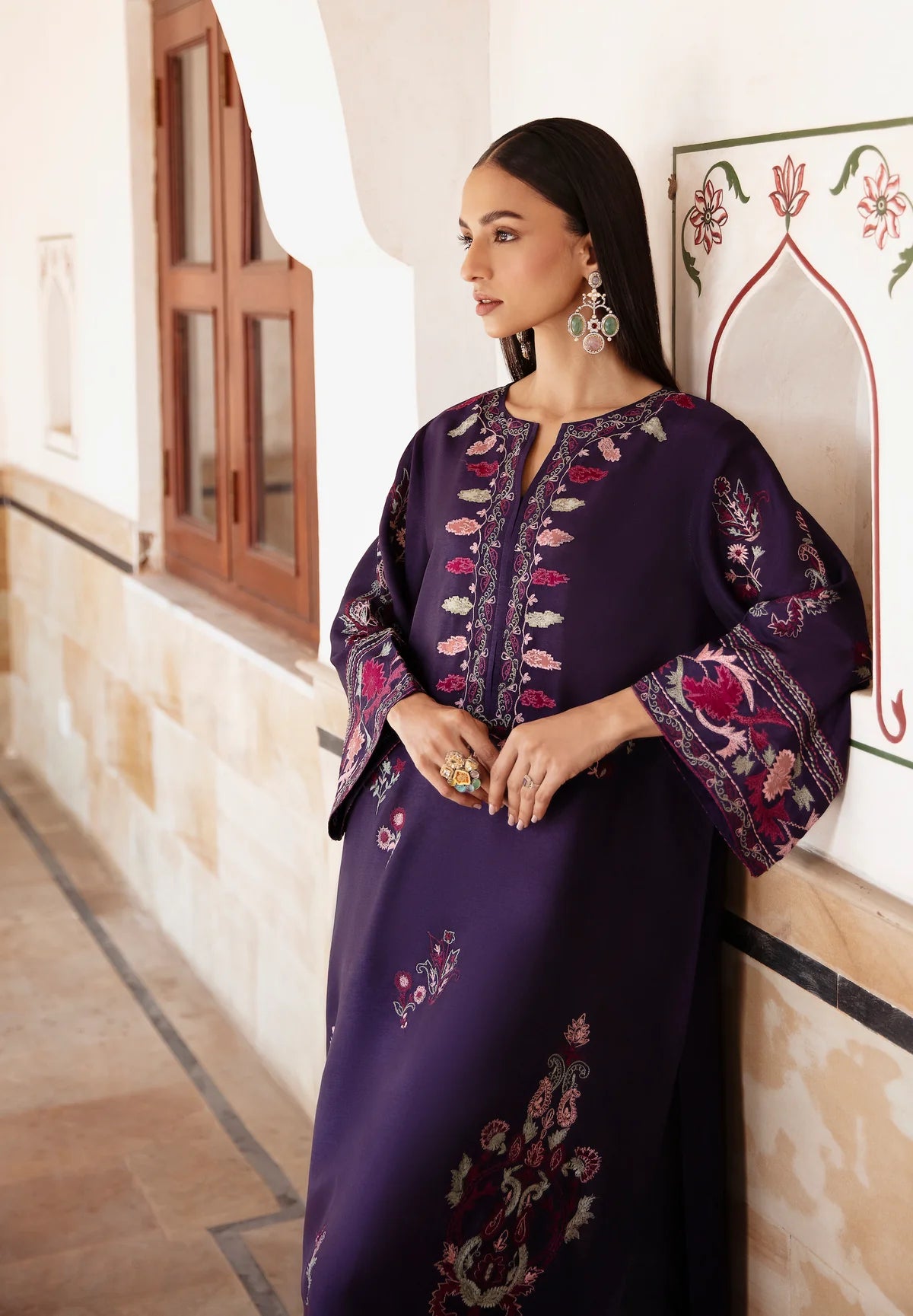 3 Piece - Dhanak Full Heavy Embroidered Suit with Dhanak Embroidered Shawl (Unstitched)