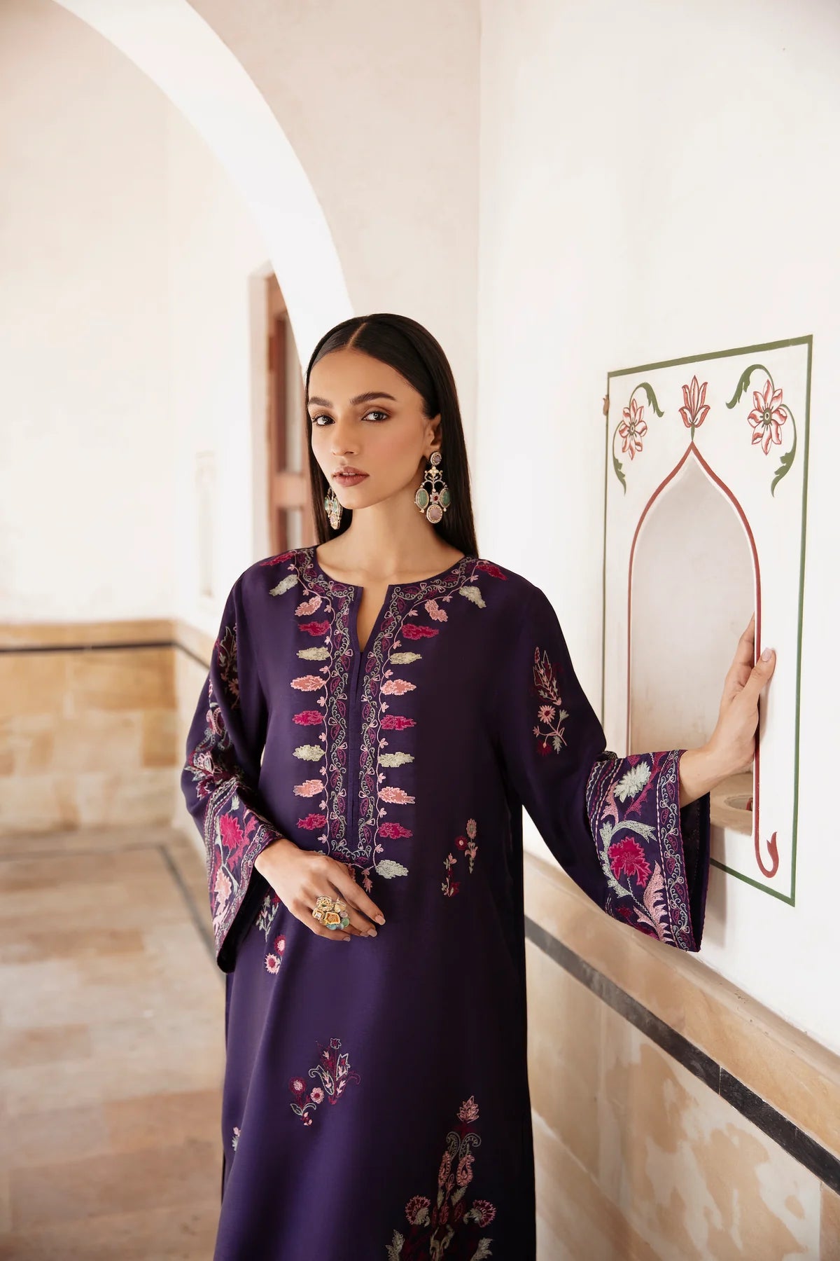 3 Piece - Dhanak Full Heavy Embroidered Suit with Dhanak Embroidered Shawl (Unstitched)