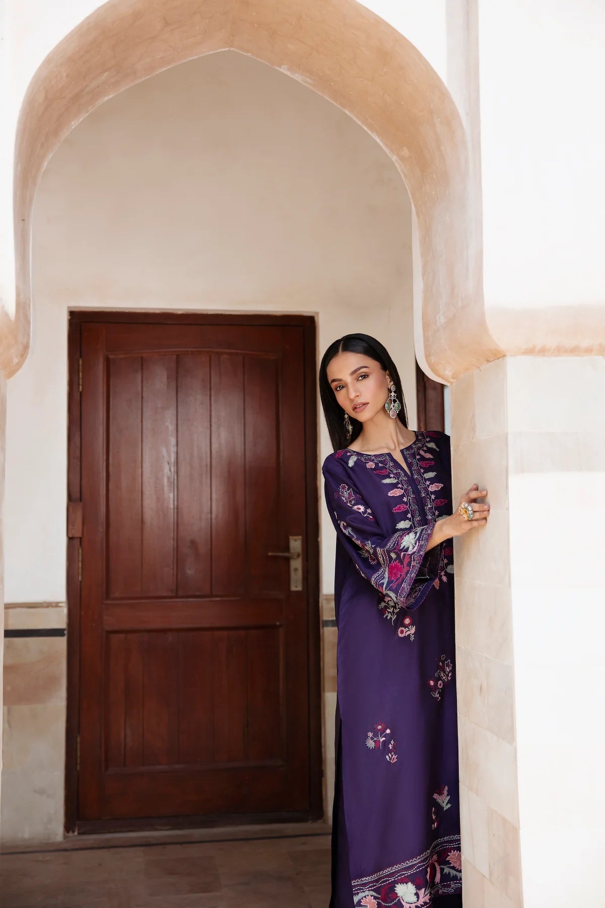 3 Piece - Dhanak Full Heavy Embroidered Suit with Dhanak Embroidered Shawl (Unstitched)