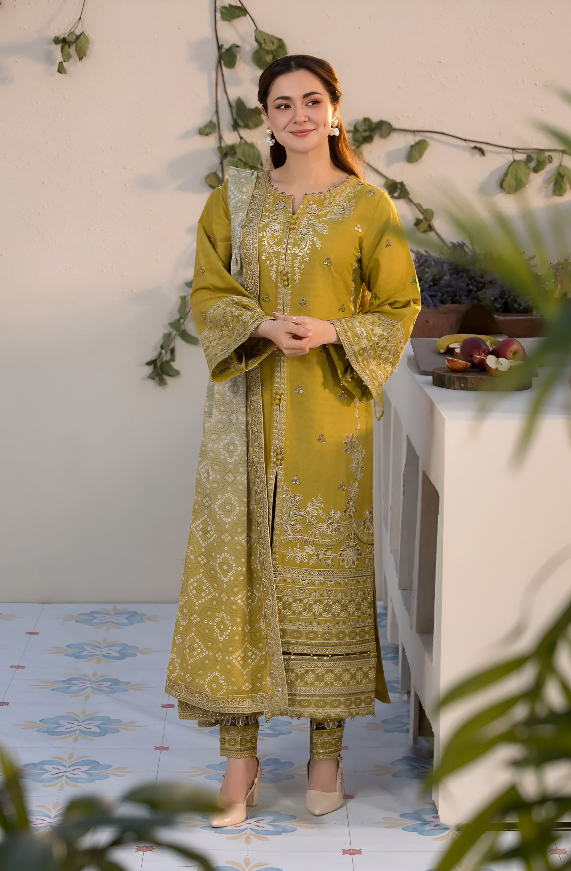 3 Piece - Dhanak Embroidered Suit with Dhanak Digital Printed Shawl (Unstitched)