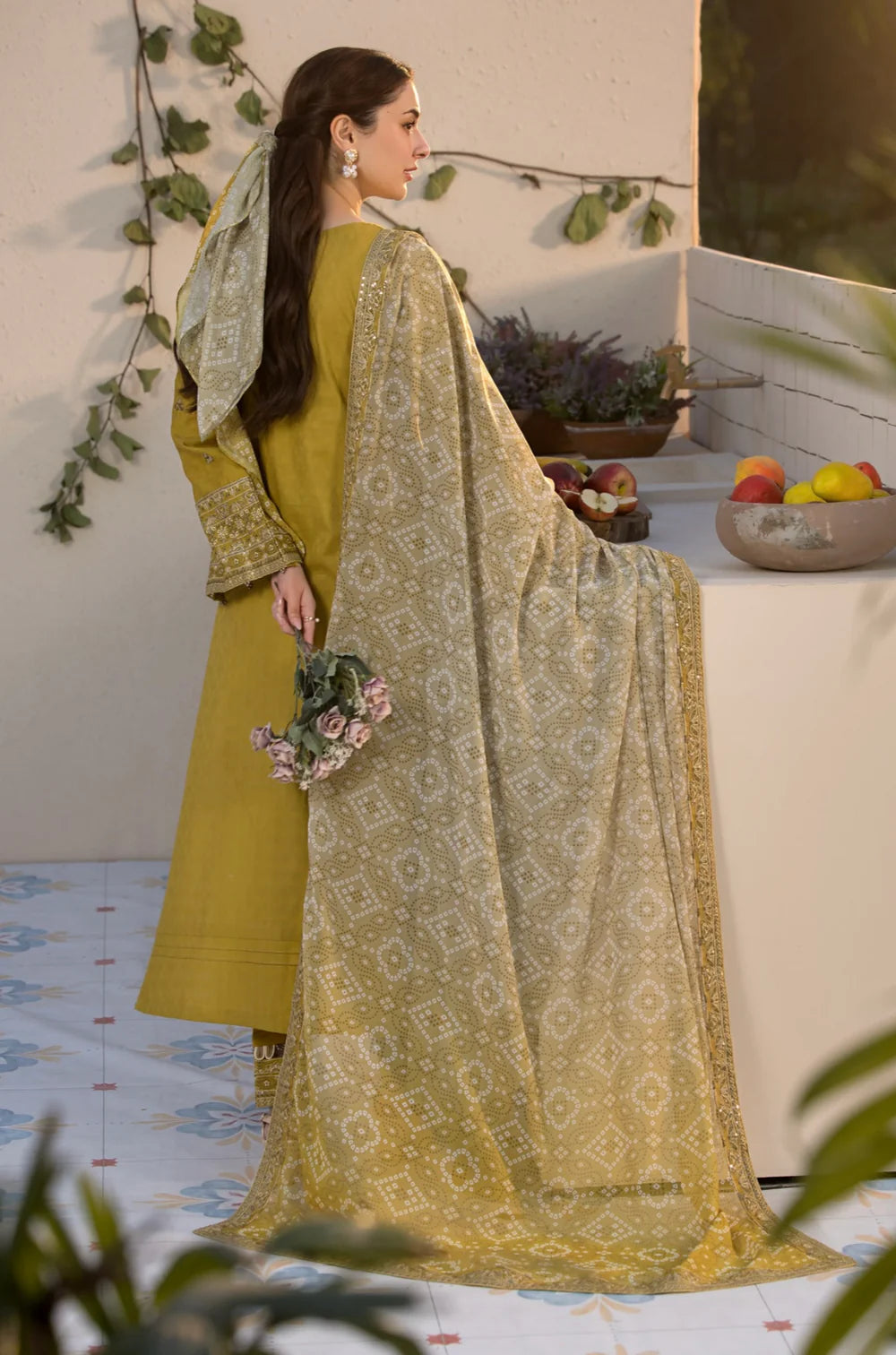 3 Piece - Dhanak Embroidered Suit with Dhanak Digital Printed Shawl (Unstitched)