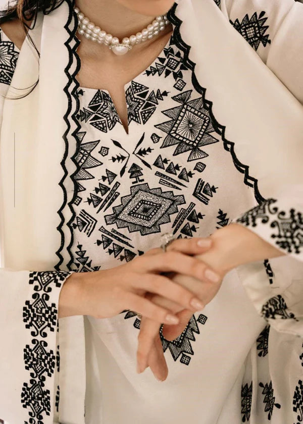 3 Piece - Laam Dhanak Full Heavy Embroidered Suit with Dhanak Embroidered Shawl (Unstitched)