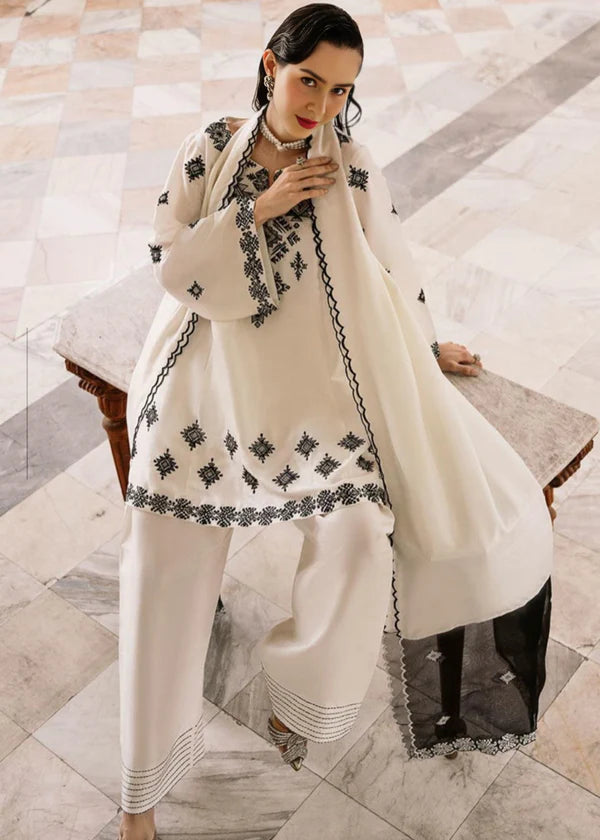 3 Piece - Laam Dhanak Full Heavy Embroidered Suit with Dhanak Embroidered Shawl (Unstitched)