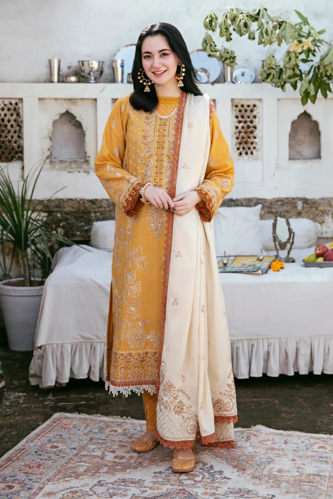 3 Piece - Dhanak Embroidered Suit with Embroidered Dhanak Shawl (Unstitched)