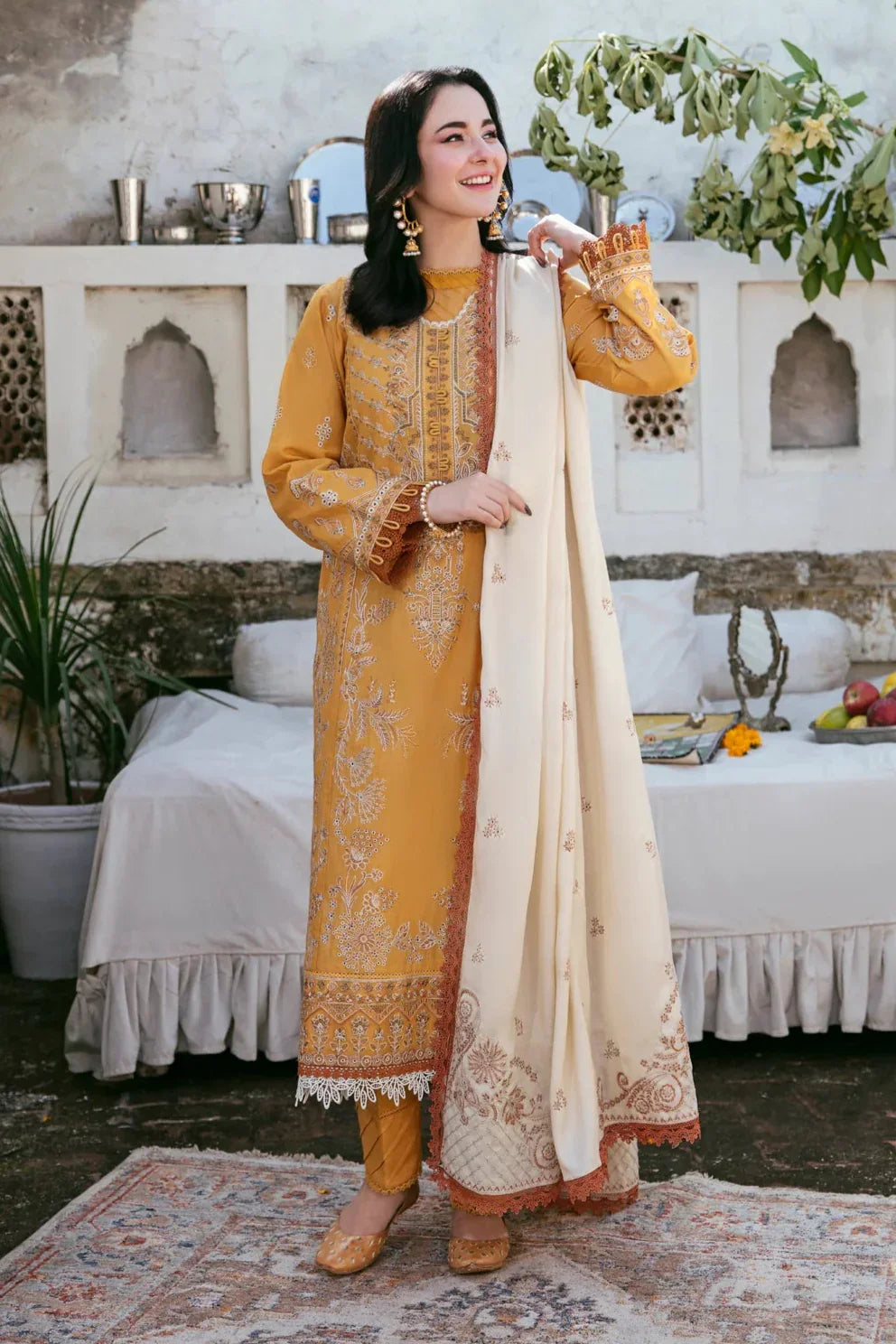 3 Piece - Dhanak Embroidered Suit with Embroidered Dhanak Shawl (Unstitched)