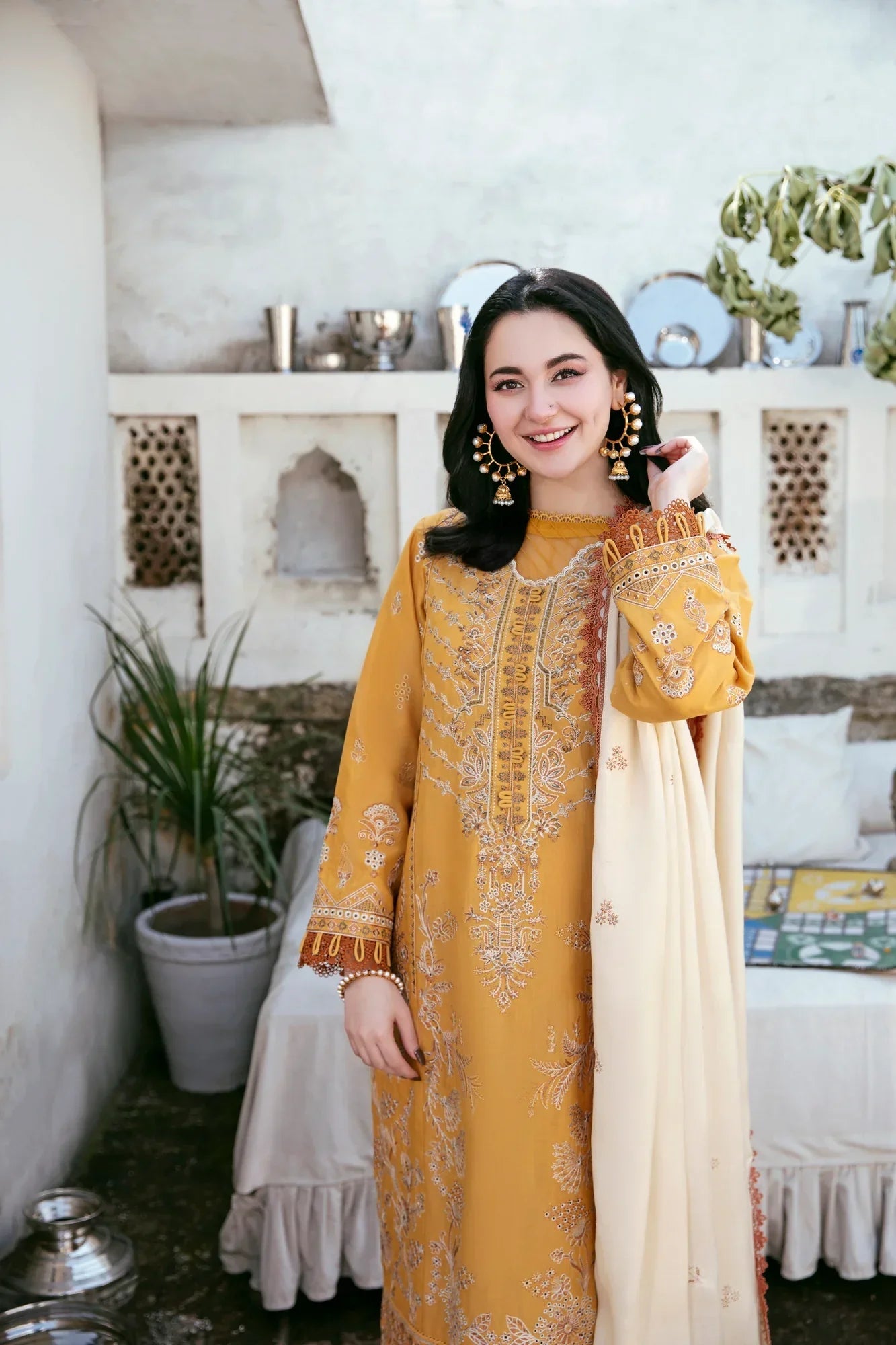 3 Piece - Dhanak Embroidered Suit with Embroidered Dhanak Shawl (Unstitched)