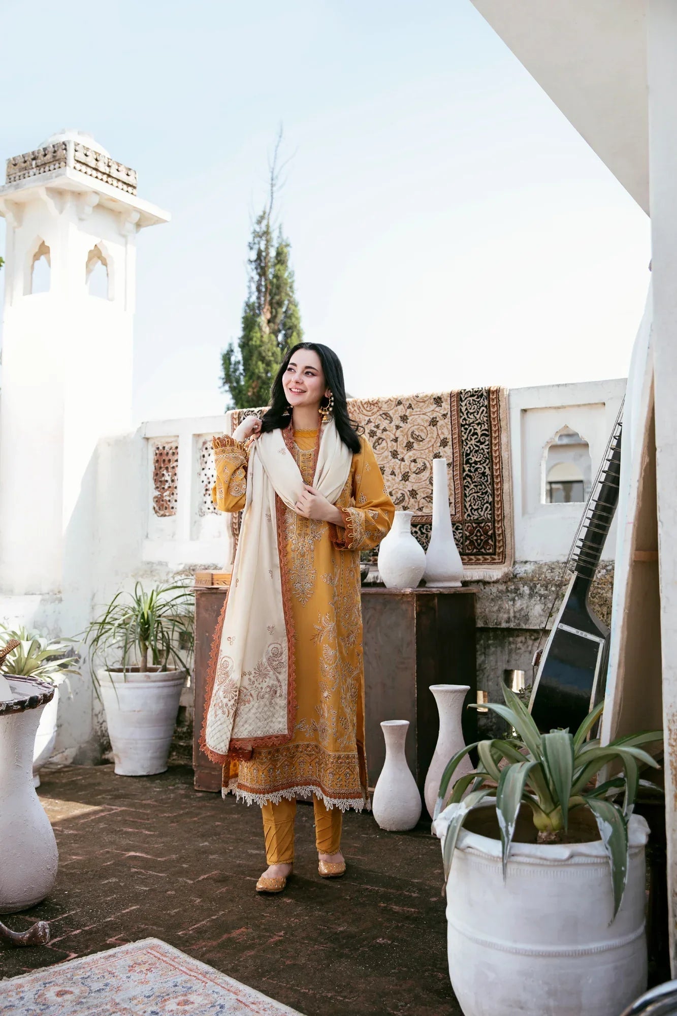 3 Piece - Dhanak Embroidered Suit with Embroidered Dhanak Shawl (Unstitched)
