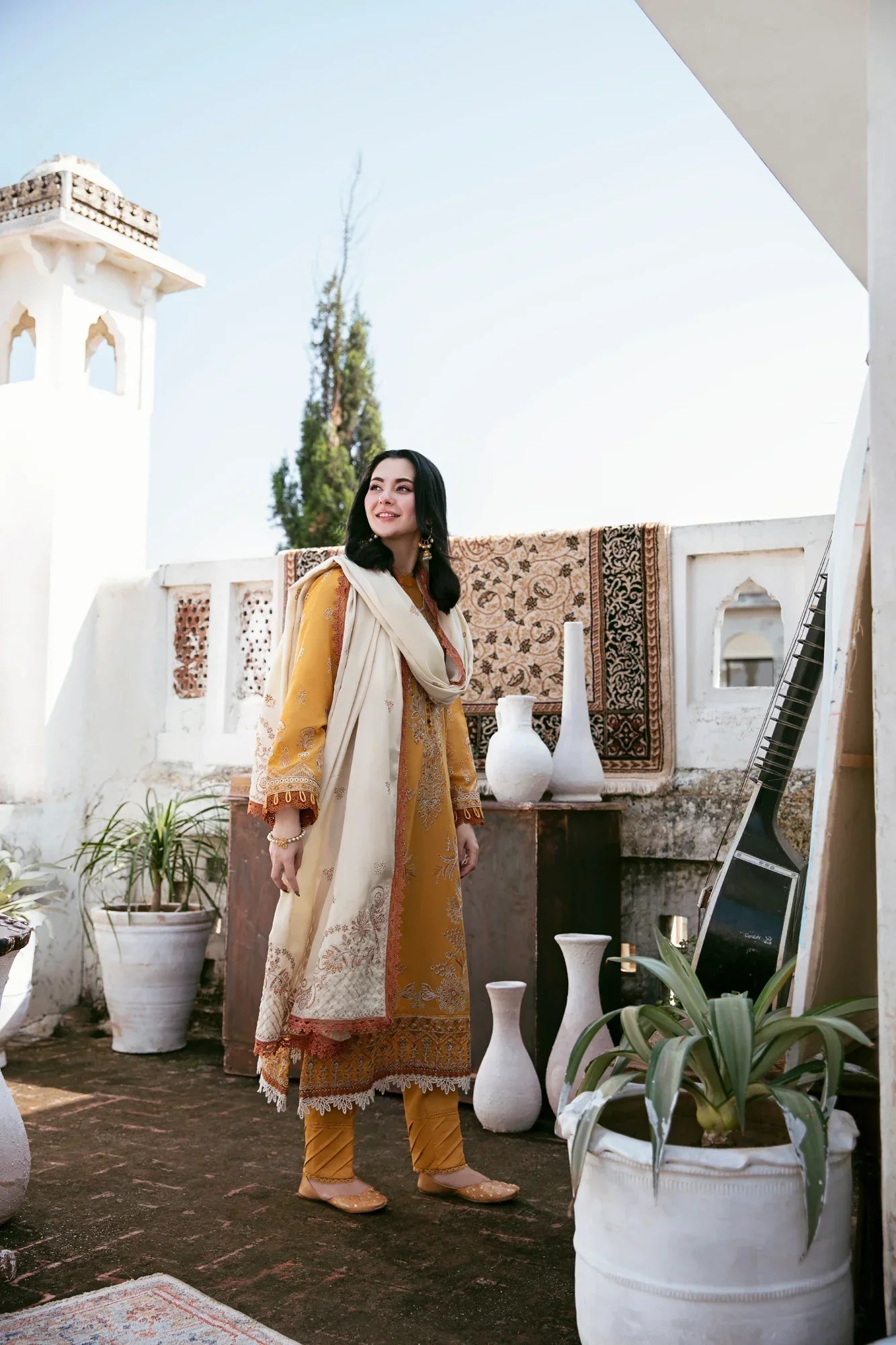 3 Piece - Dhanak Embroidered Suit with Embroidered Dhanak Shawl (Unstitched)