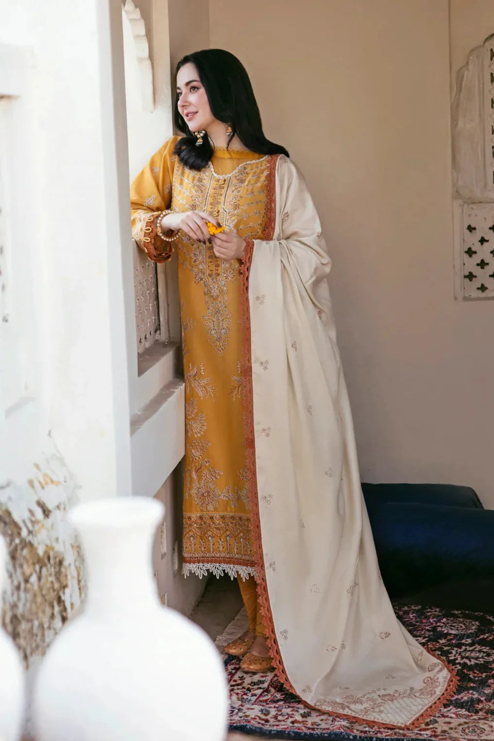 3 Piece - Dhanak Embroidered Suit with Embroidered Dhanak Shawl (Unstitched)