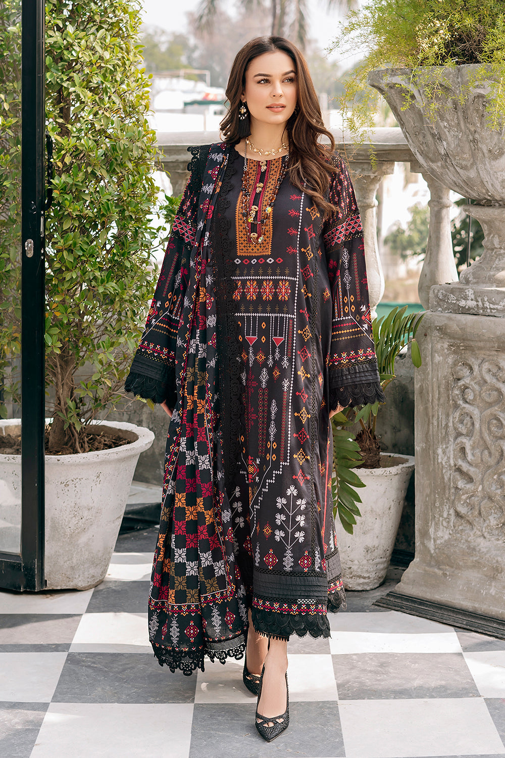 3 Piece - Jazmin Dhanak Embroidered Suit with Digital Print Wool Shawl (Unstitched)