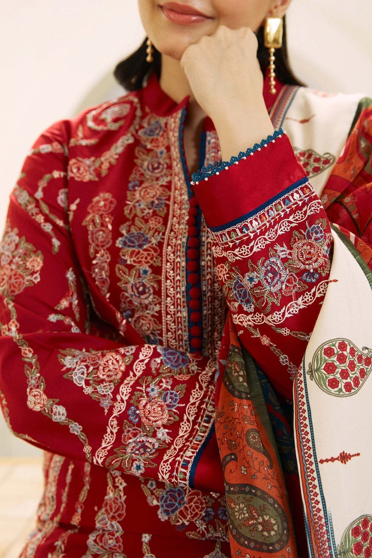 3 Piece - Zara Shahjahan Dhanak Full Heavy Embroidered Suit with Twill Printed Shawl (Unstitched)
