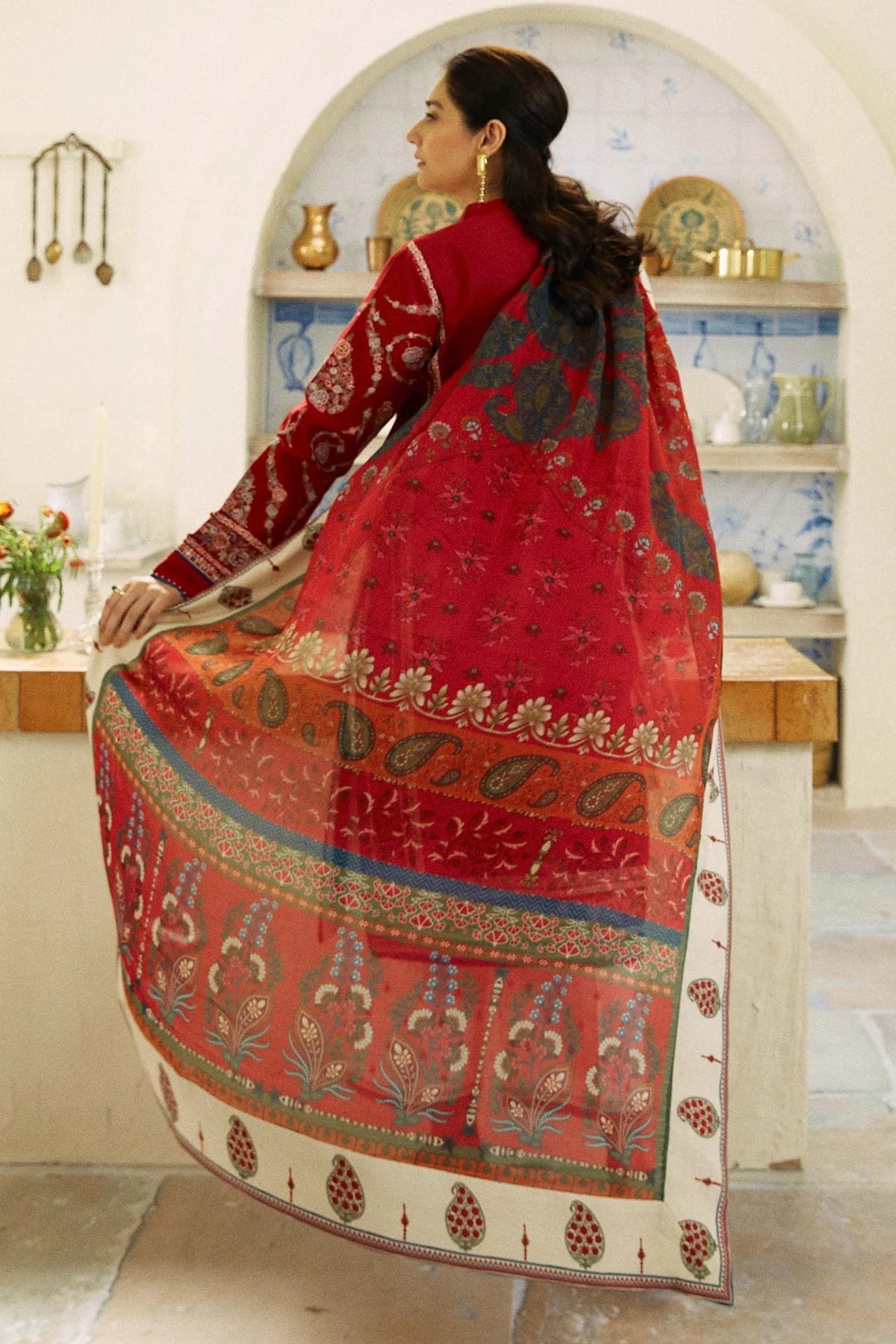 3 Piece - Zara Shahjahan Dhanak Full Heavy Embroidered Suit with Twill Printed Shawl (Unstitched)