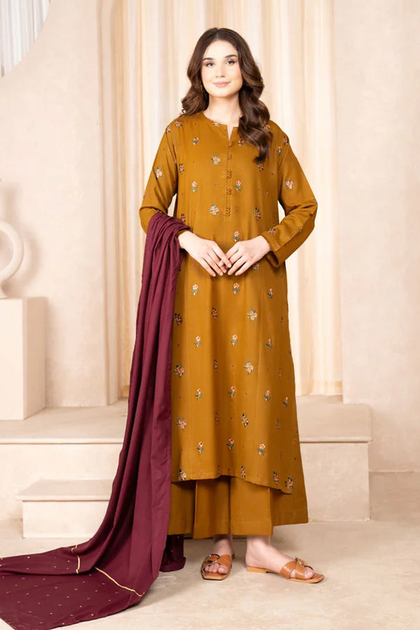 3 Piece - Dhanak Full Heavy Embroidered Suit with Printed Pashmina Shawl (Unstitched)