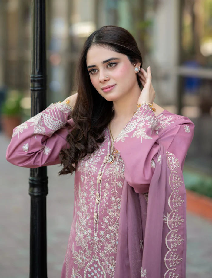 3 Piece - Dhanak Embroidered Suit with Dhanak Embroidered Shawl (Unstitched)