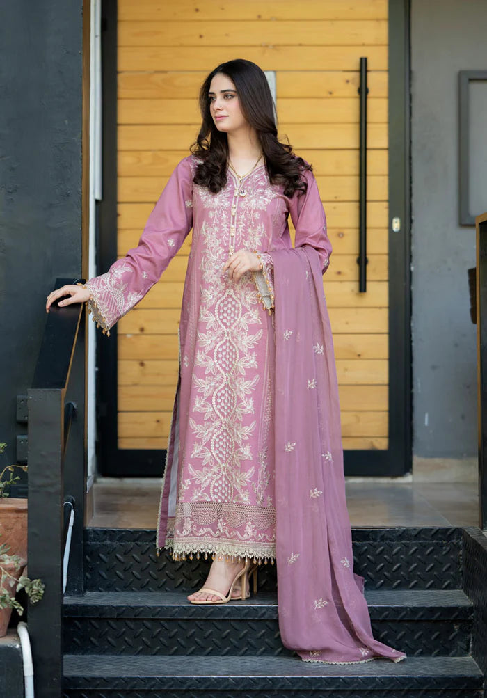 3 Piece - Dhanak Embroidered Suit with Dhanak Embroidered Shawl (Unstitched)
