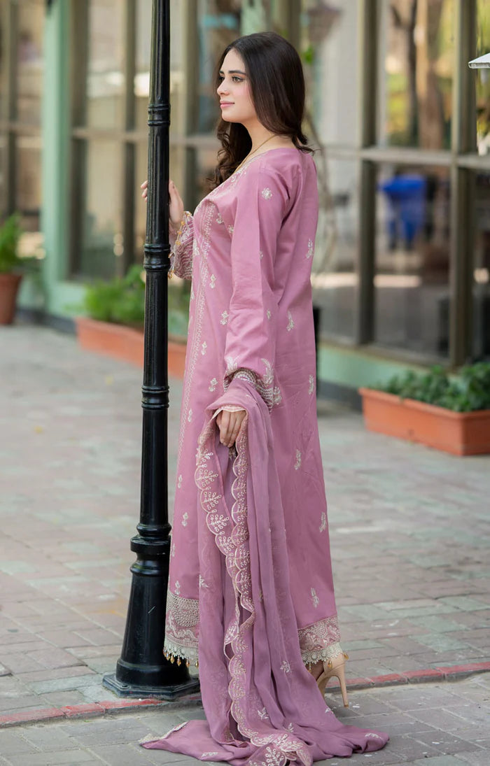 3 Piece - Dhanak Embroidered Suit with Dhanak Embroidered Shawl (Unstitched)