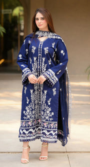 3 Piece - Dhanak Embroidered Suit with Dhanak Embroidered Shawl (Unstitched)