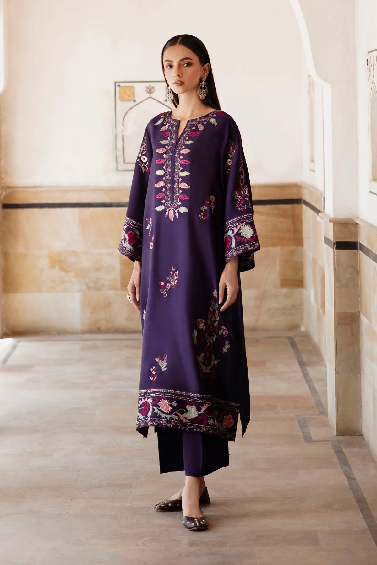 3 Piece - Dhanak Full Heavy Embroidered Suit with Dhanak Embroidered Shawl (Unstitched)