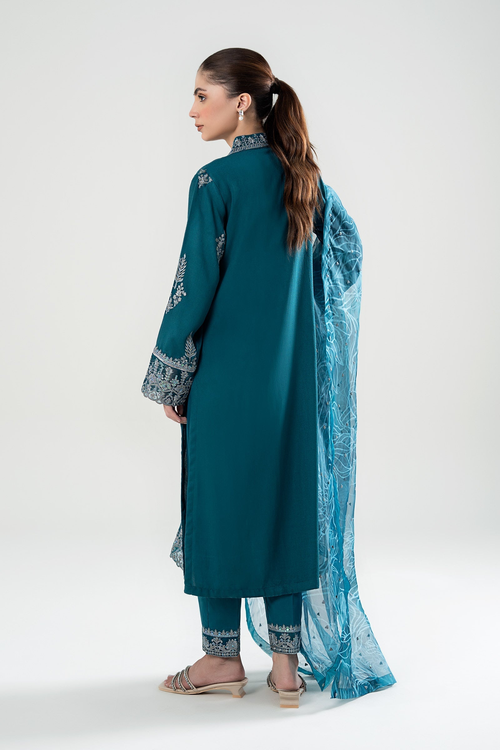 3 Piece - Dhanak Embroidered Suit with Dhanak Embroidered Shawl (Unstitched)