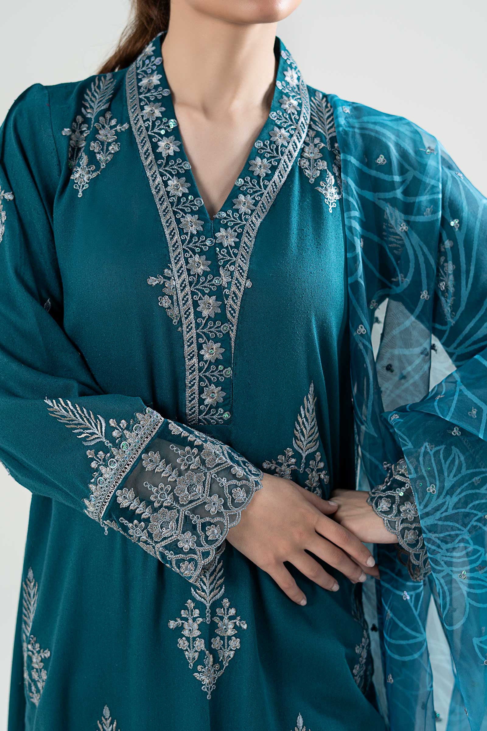 3 Piece - Dhanak Embroidered Suit with Dhanak Embroidered Shawl (Unstitched)