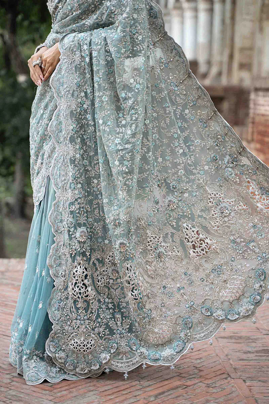 Saree - Maria B Net Full Heavy Embroidered Saree with Heavy Embroidered Sleeves and Palo (Unstitched)