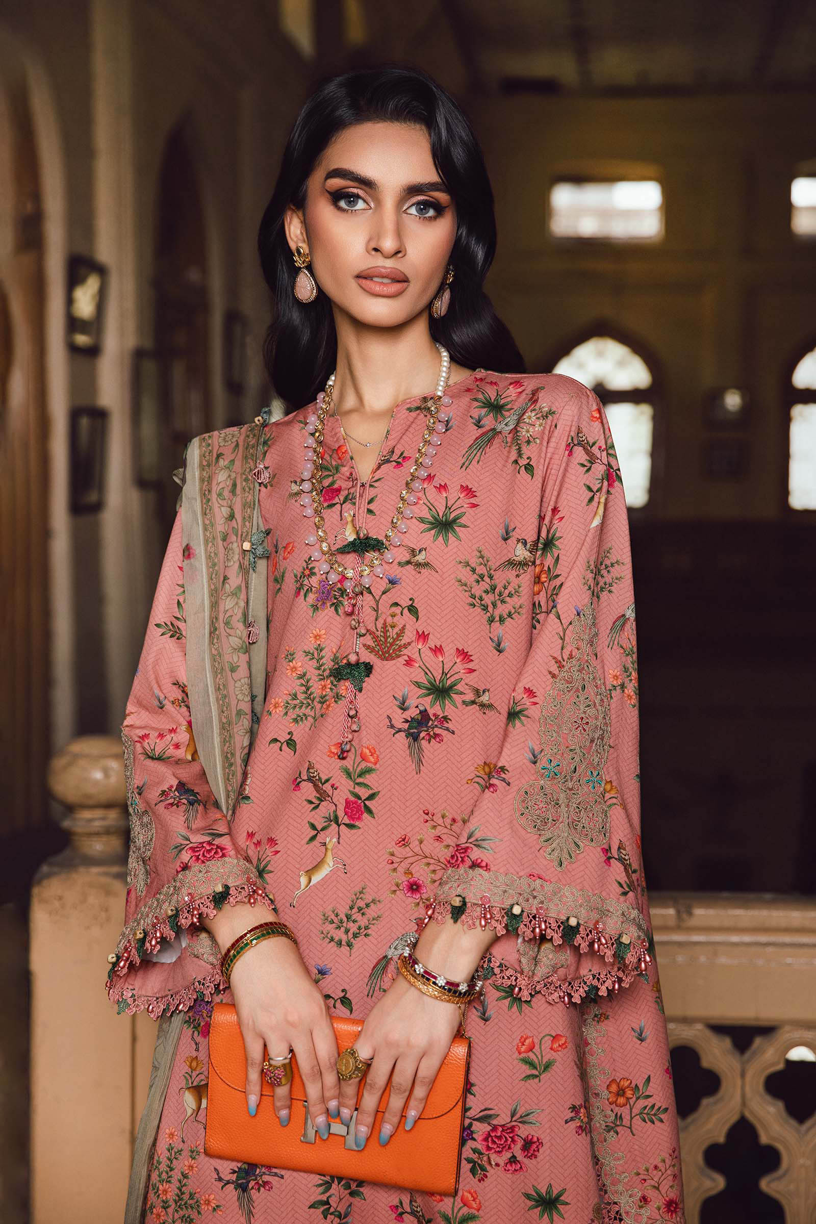 3 Piece - Maria B Silk Embroidered Digital Printed Suit with Silk Digital Printed Dupatta (Unstitched)
