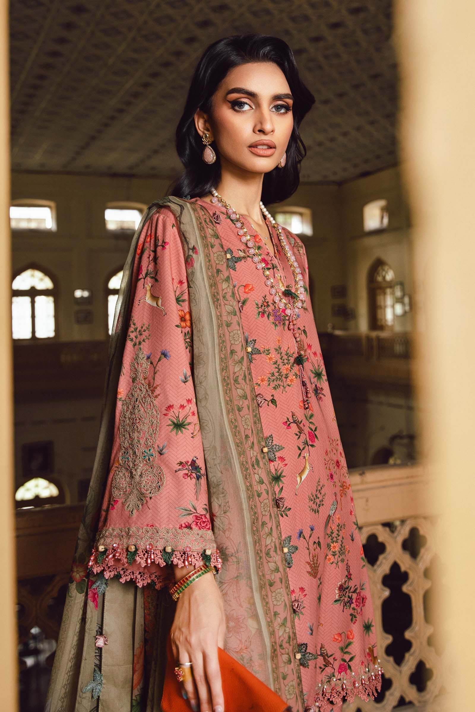 3 Piece - Maria B Silk Embroidered Digital Printed Suit with Silk Digital Printed Dupatta (Unstitched)