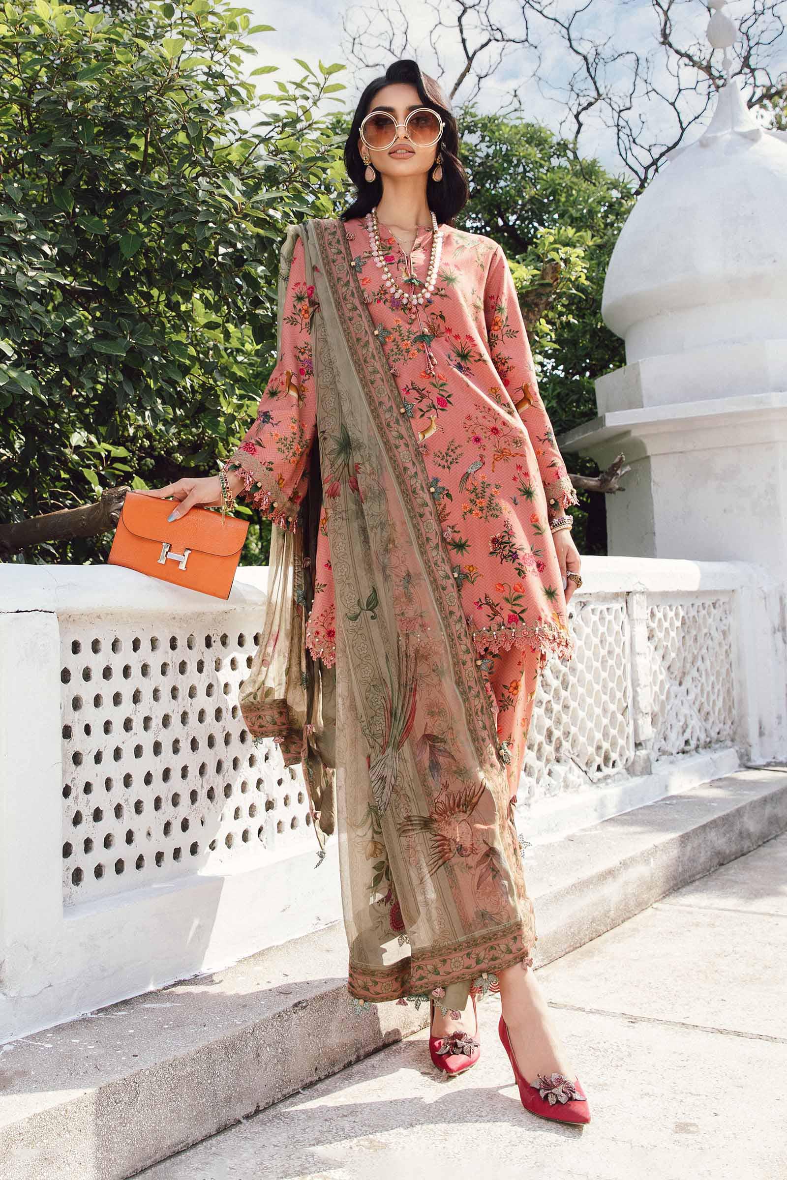 3 Piece - Maria B Silk Embroidered Digital Printed Suit with Silk Digital Printed Dupatta (Unstitched)