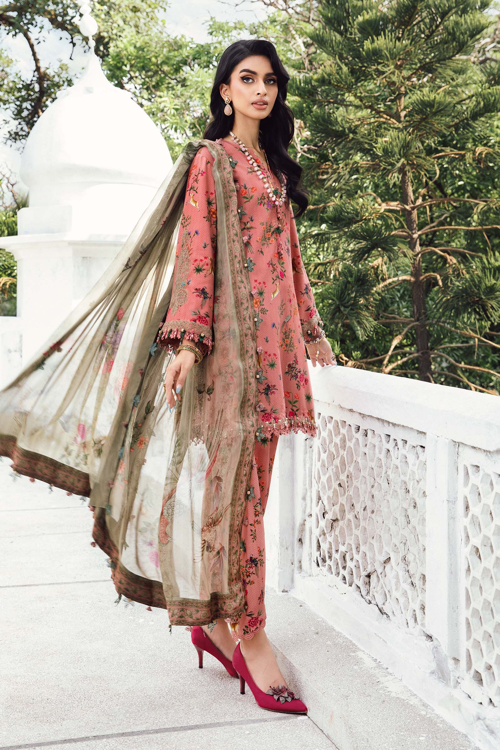 3 Piece - Maria B Silk Embroidered Digital Printed Suit with Silk Digital Printed Dupatta (Unstitched)