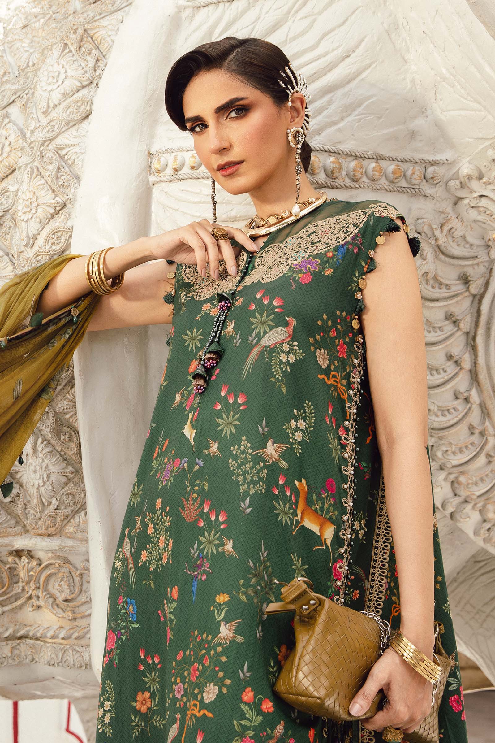 3 Piece - Maria B Silk Embroidered Digital Printed Suit with Silk Digital Printed Dupatta (Unstitched)