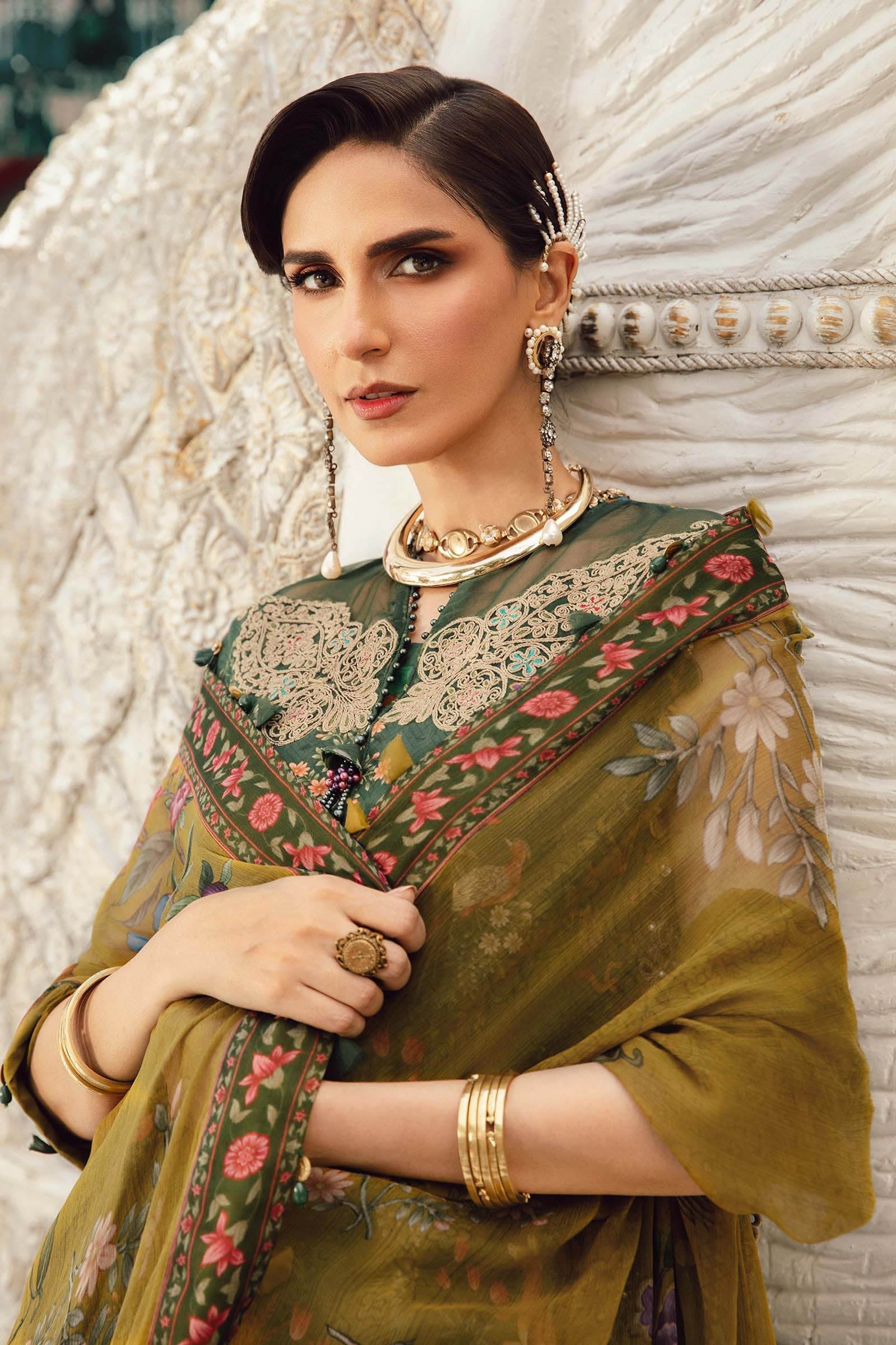 3 Piece - Maria B Silk Embroidered Digital Printed Suit with Silk Digital Printed Dupatta (Unstitched)