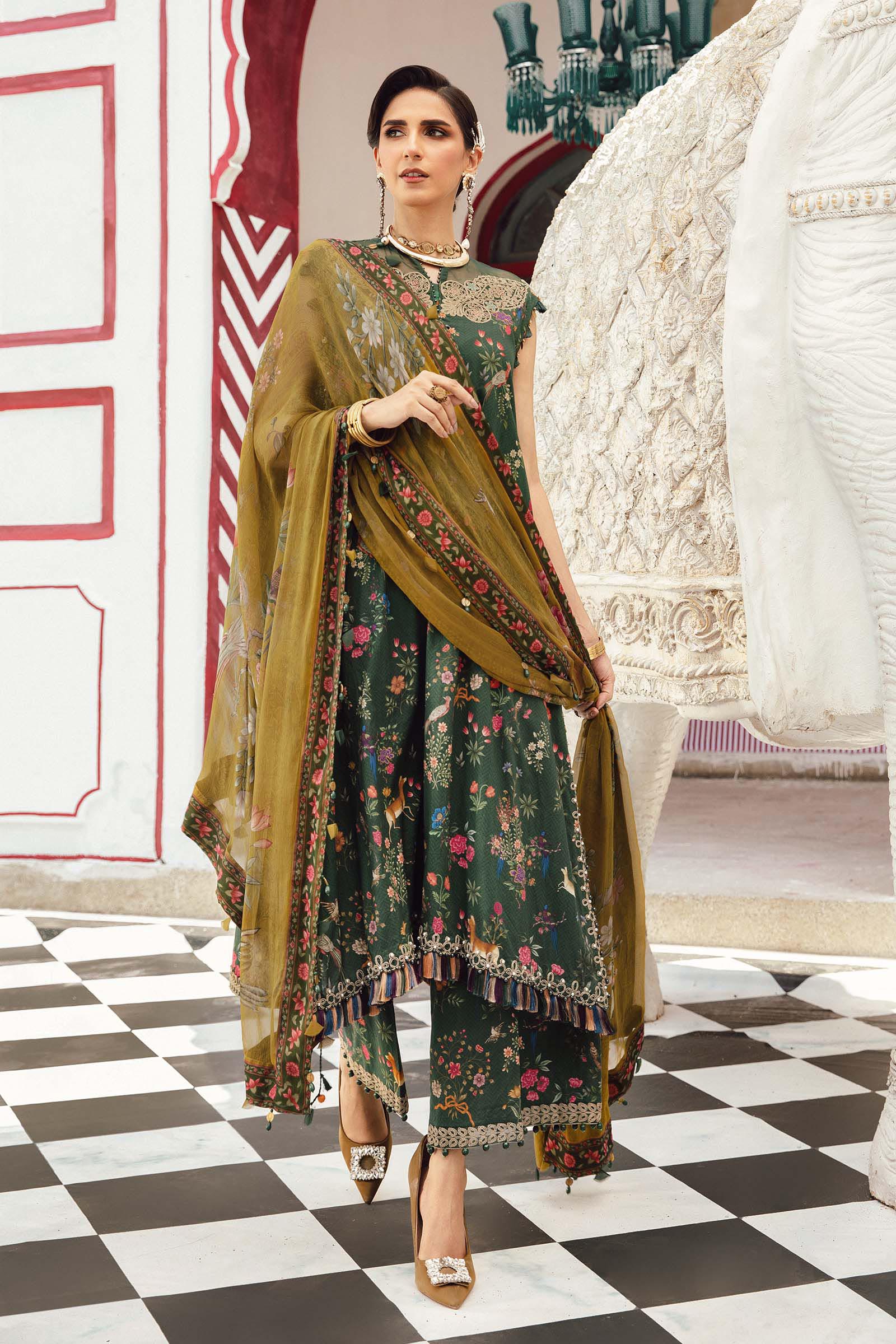 3 Piece - Maria B Silk Embroidered Digital Printed Suit with Silk Digital Printed Dupatta (Unstitched)