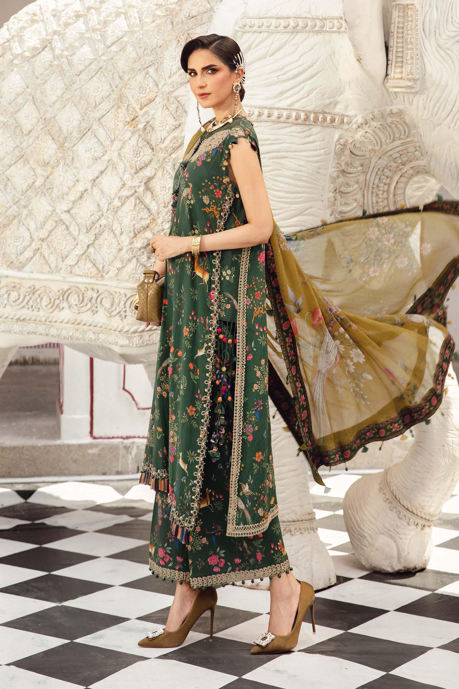 3 Piece - Maria B Silk Embroidered Digital Printed Suit with Silk Digital Printed Dupatta (Unstitched)