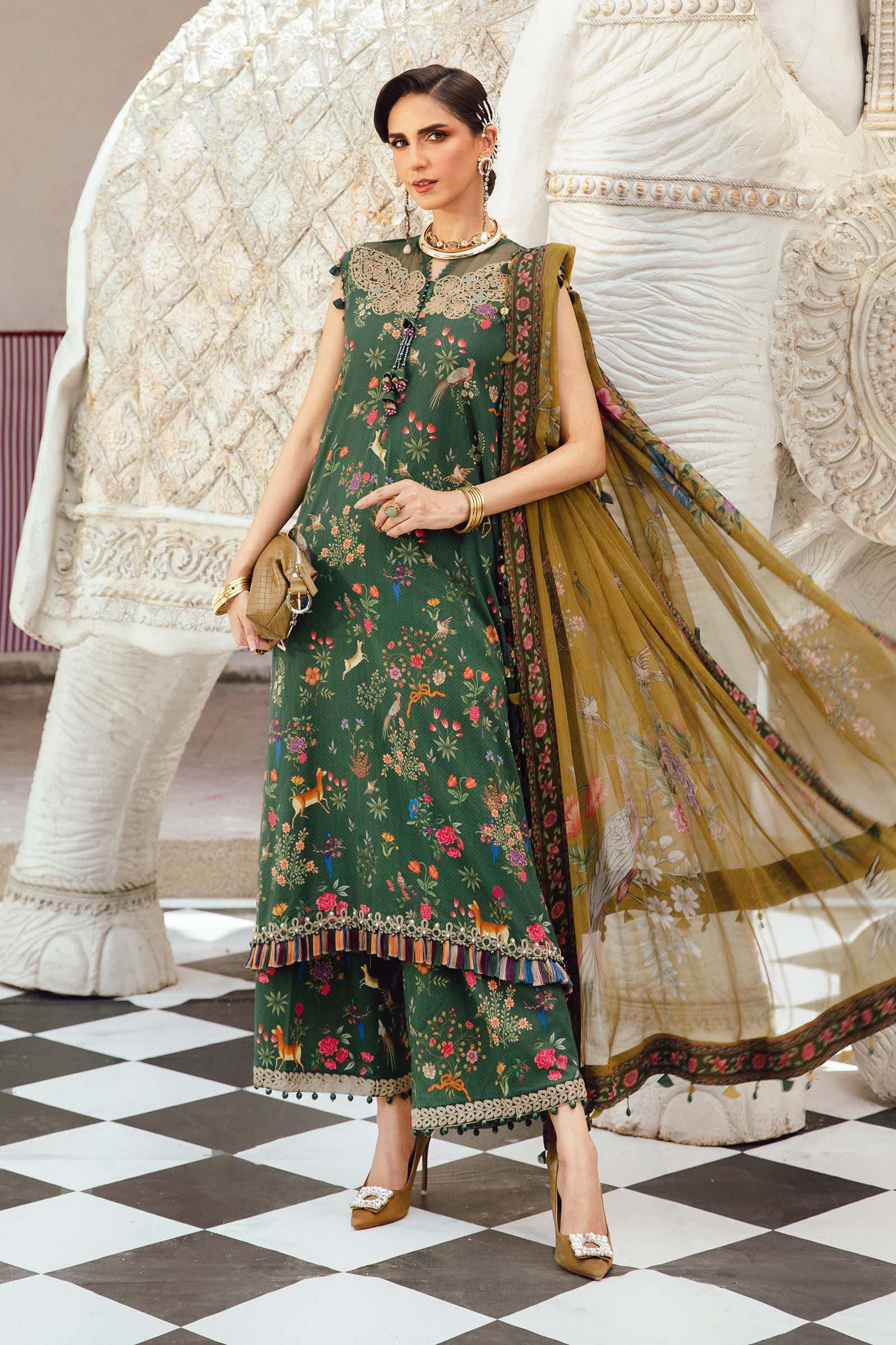 3 Piece - Maria B Silk Embroidered Digital Printed Suit with Silk Digital Printed Dupatta (Unstitched)