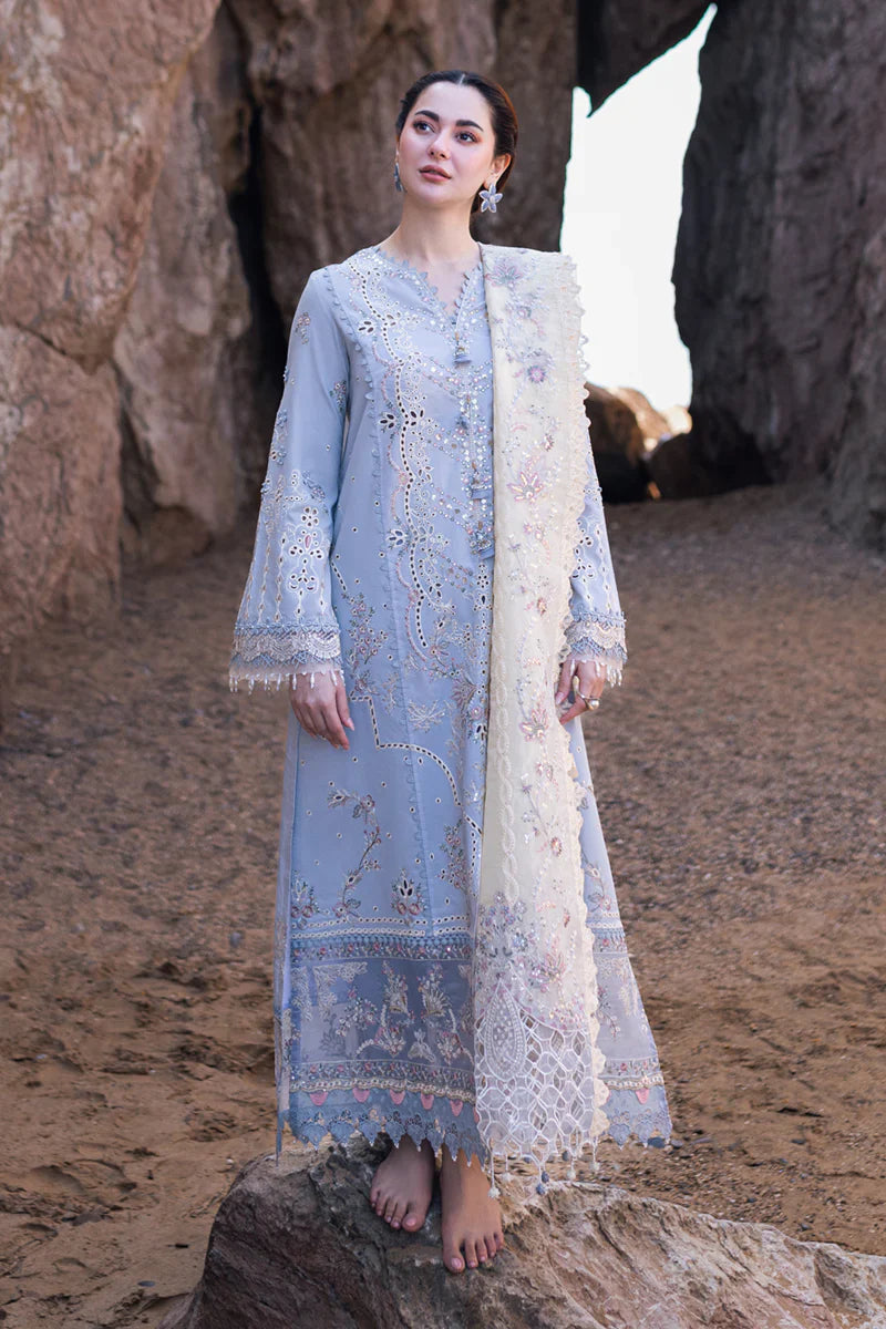 3 Piece - Qalamkar Dhanak Embroidered Suit with Embroidered Khaadi Net Dupatta (Unstitched)