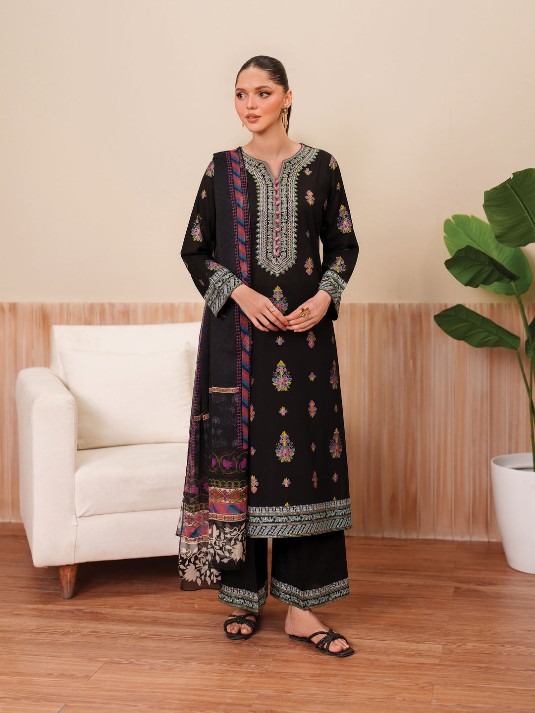 3 Piece - Dhanak Embroidered Suit with Dhanak Digital Wool Shawl (Unstitched)