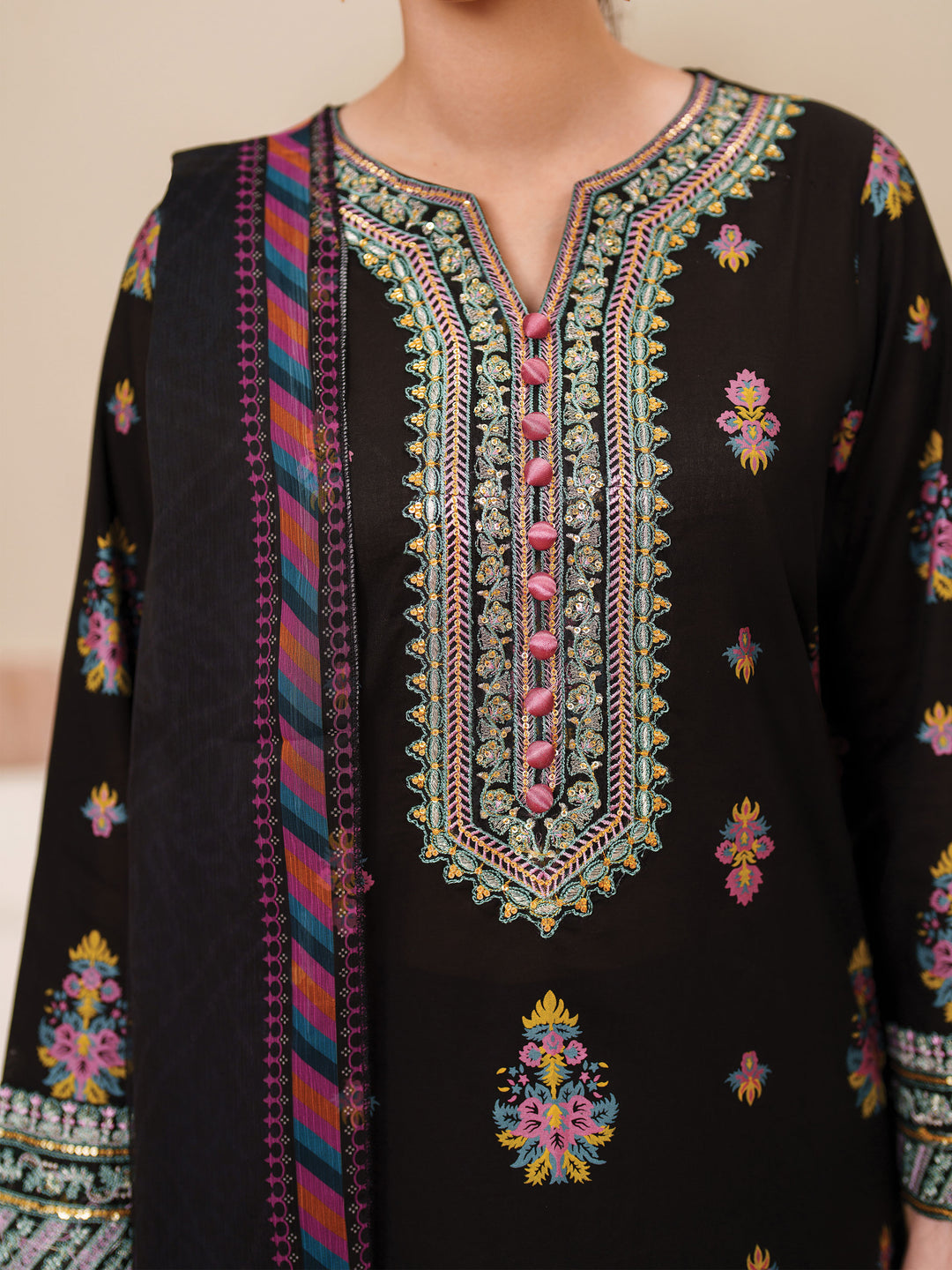 3 Piece - Dhanak Embroidered Suit with Digital Wool Shawl (Unstitched)